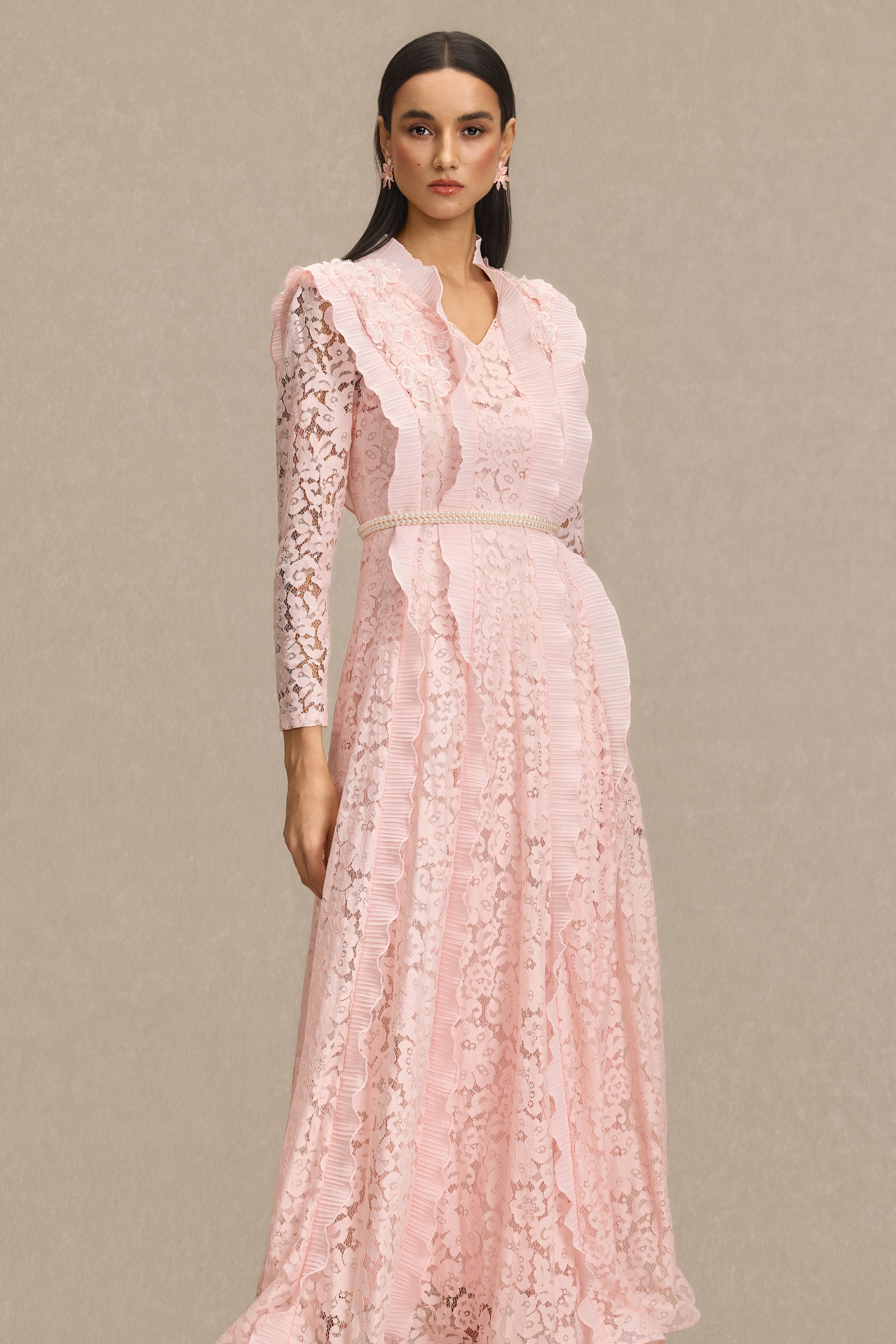 Lace 3D Flower Frill Maxi Dress With Belt