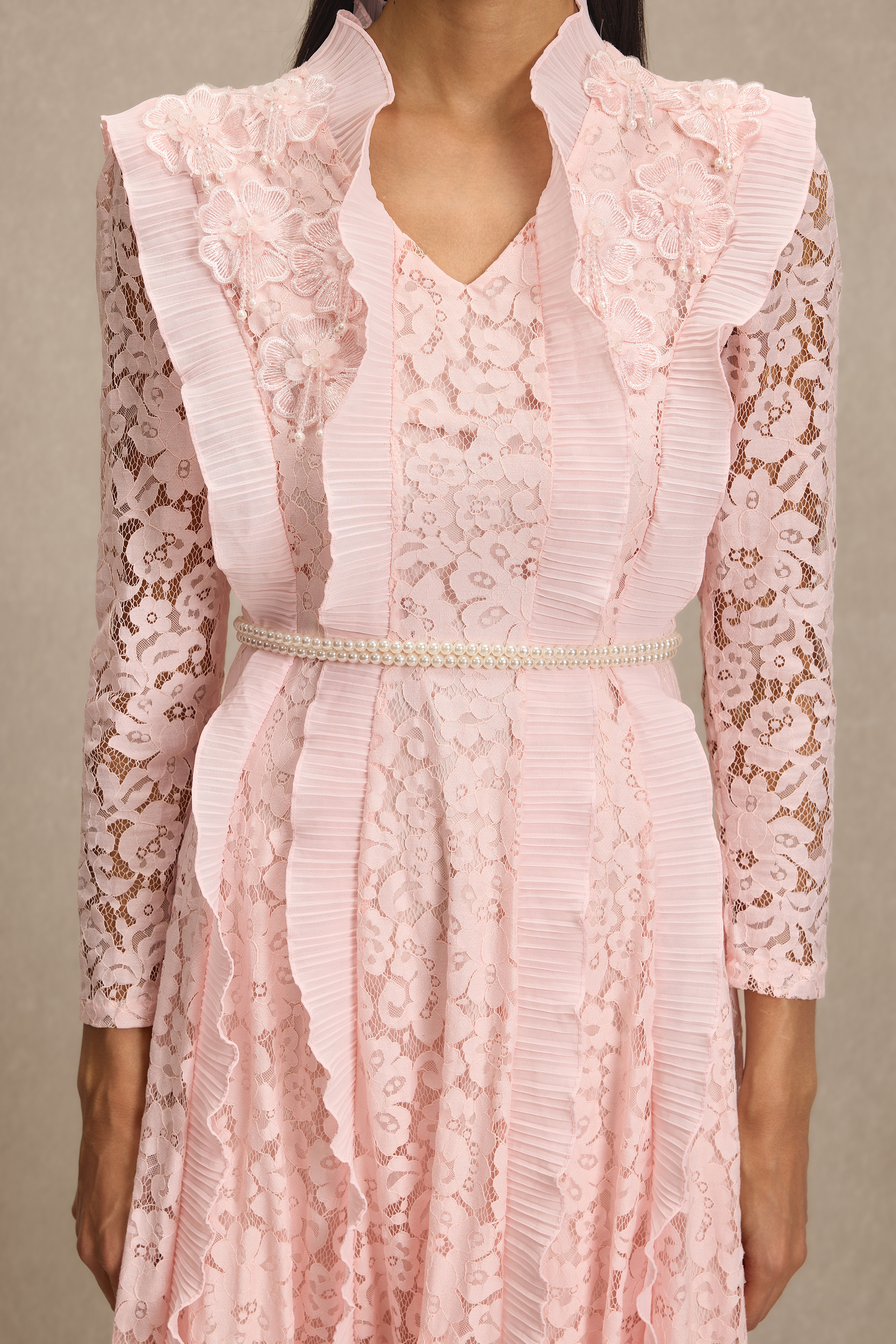 Lace 3D Flower Frill Maxi Dress With Belt