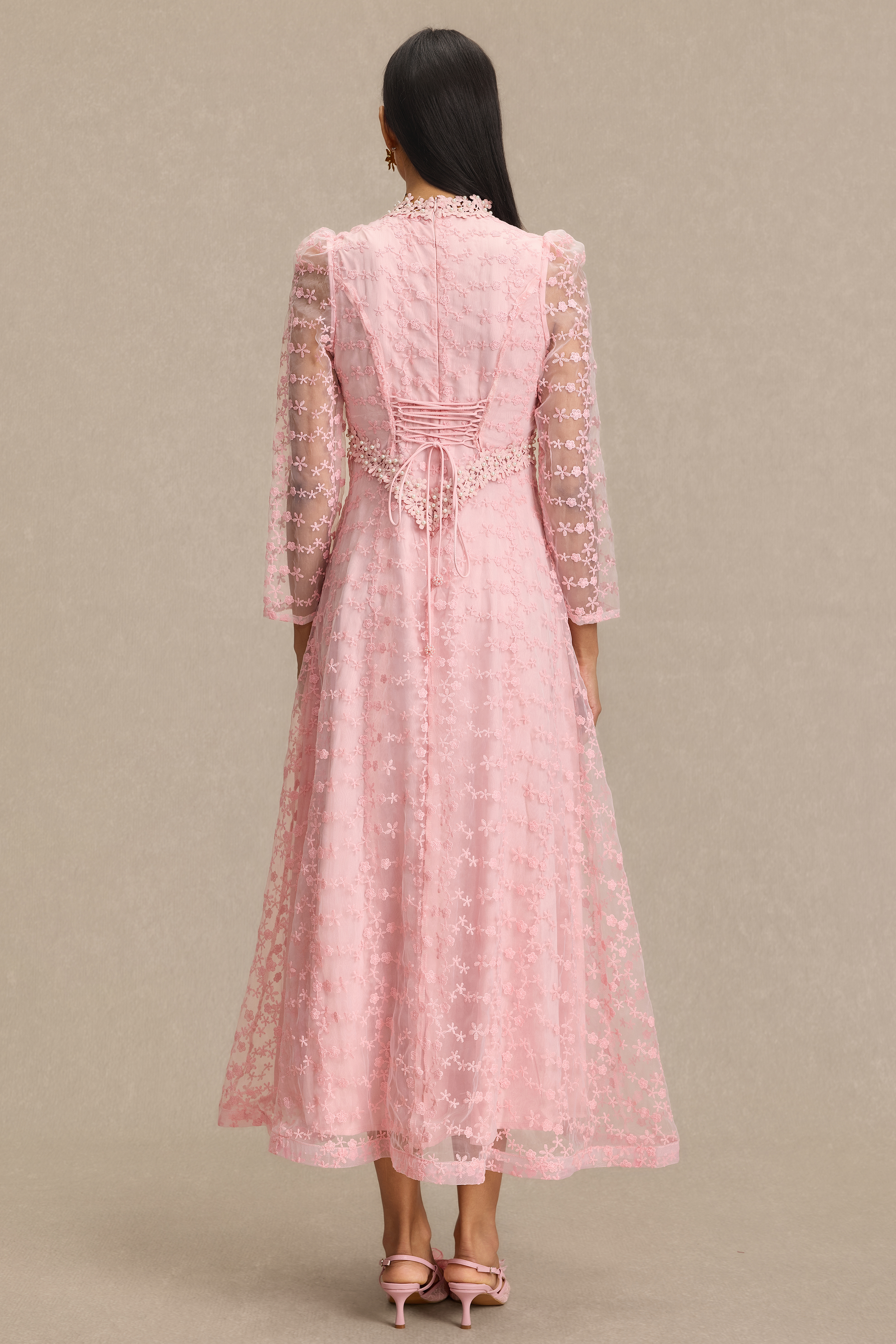 Lace Embroidered Faux Pearl Midi Dress