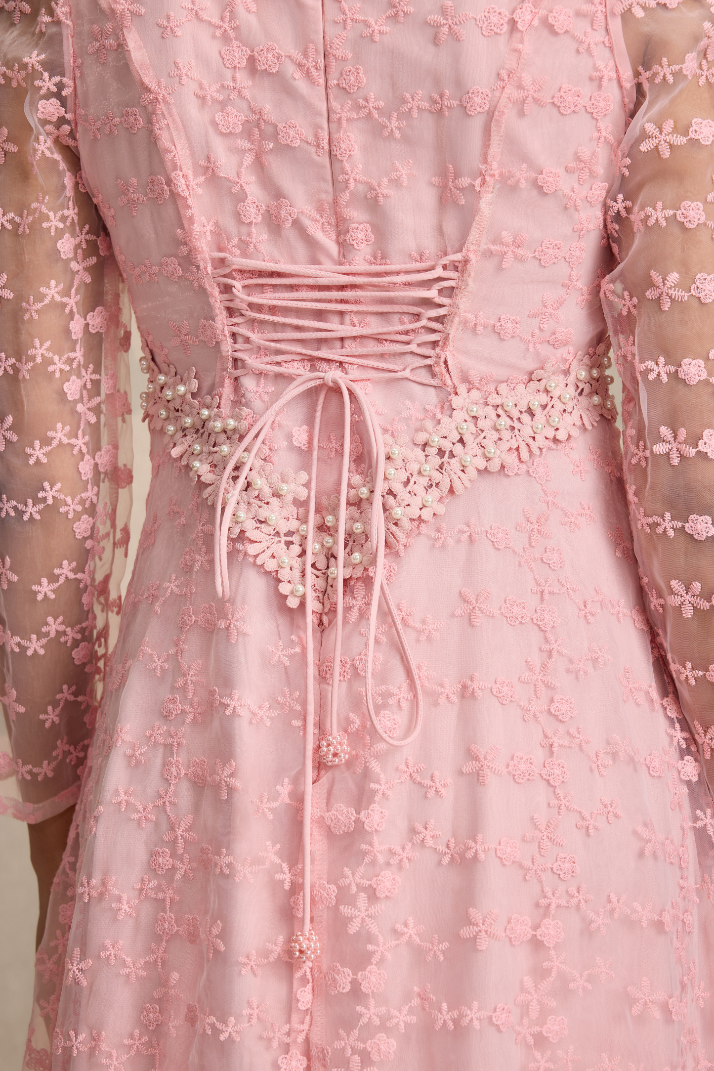 Lace Embroidered Faux Pearl Midi Dress
