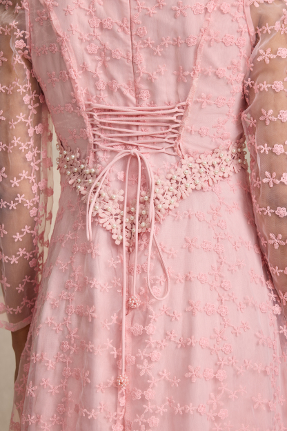 Lace Embroidered Faux Pearl Midi Dress