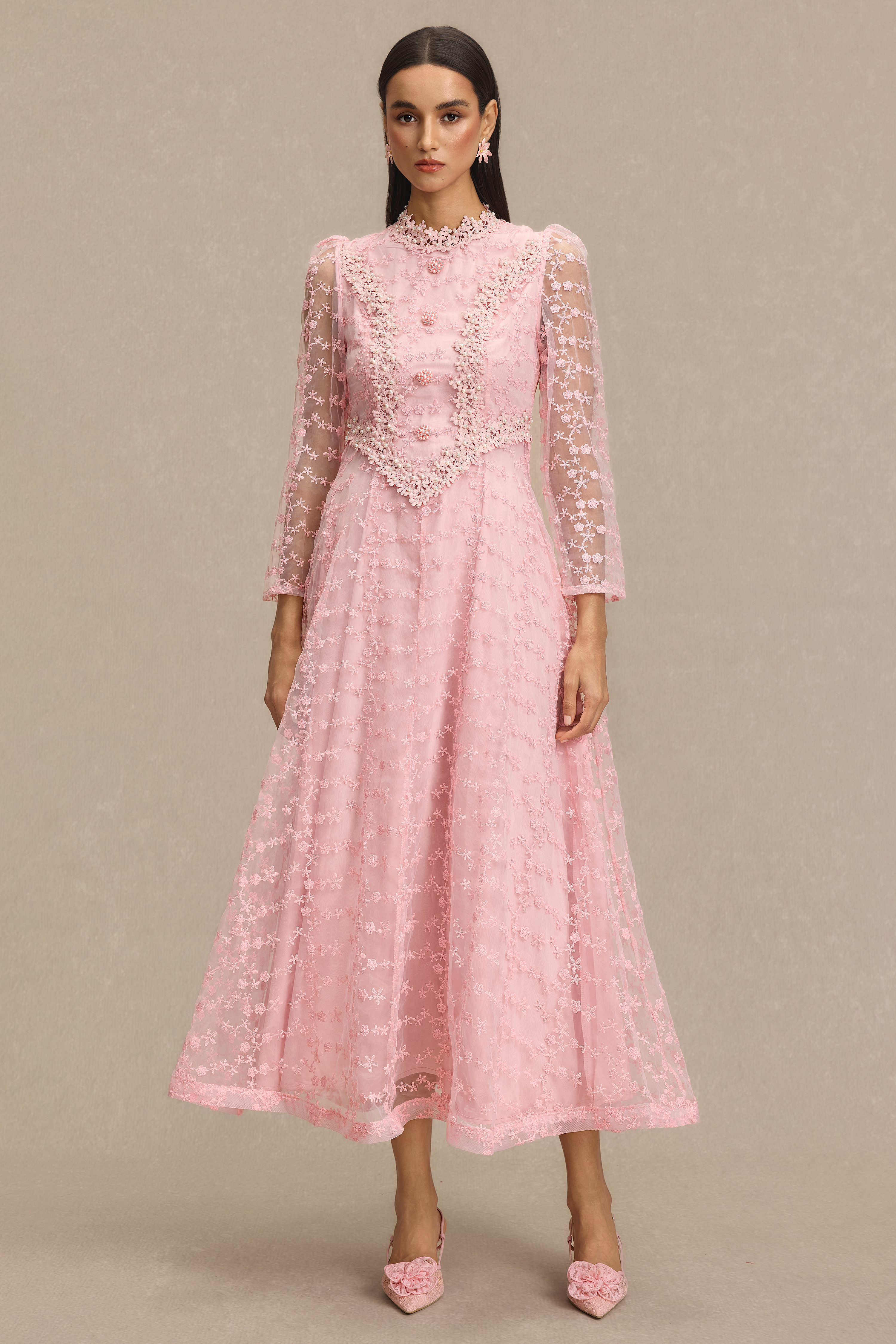 Lace Embroidered Faux Pearl Midi Dress