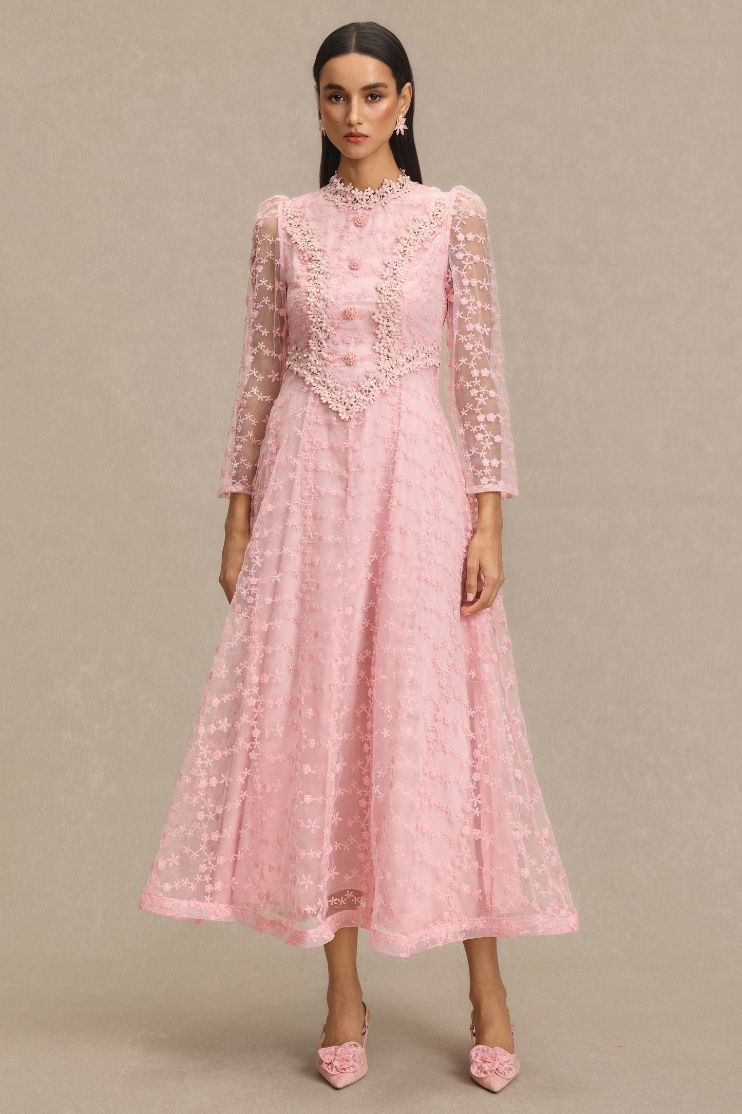 Lace Embroidered Faux Pearl Midi Dress