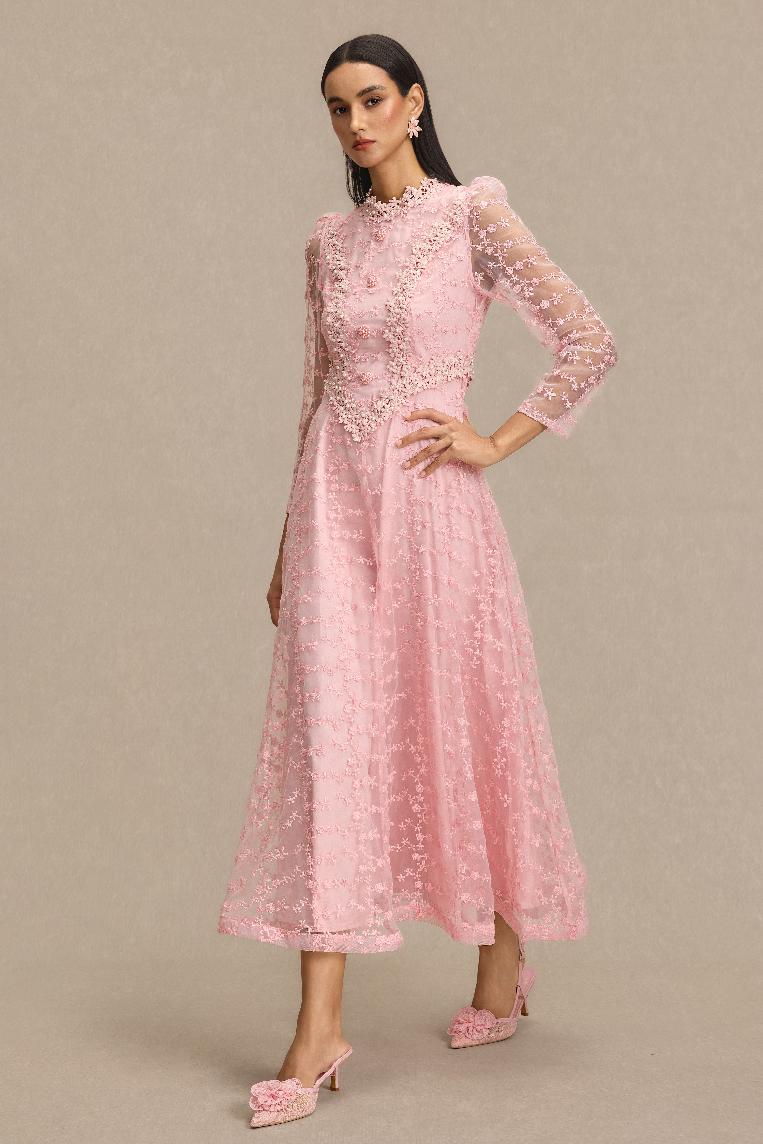 Lace Embroidered Faux Pearl Midi Dress