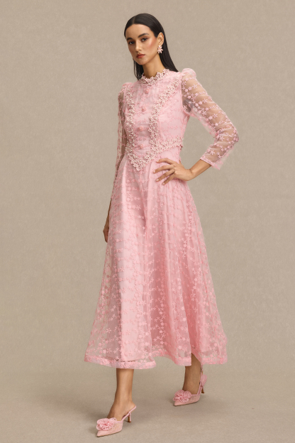 Lace Embroidered Faux Pearl Midi Dress