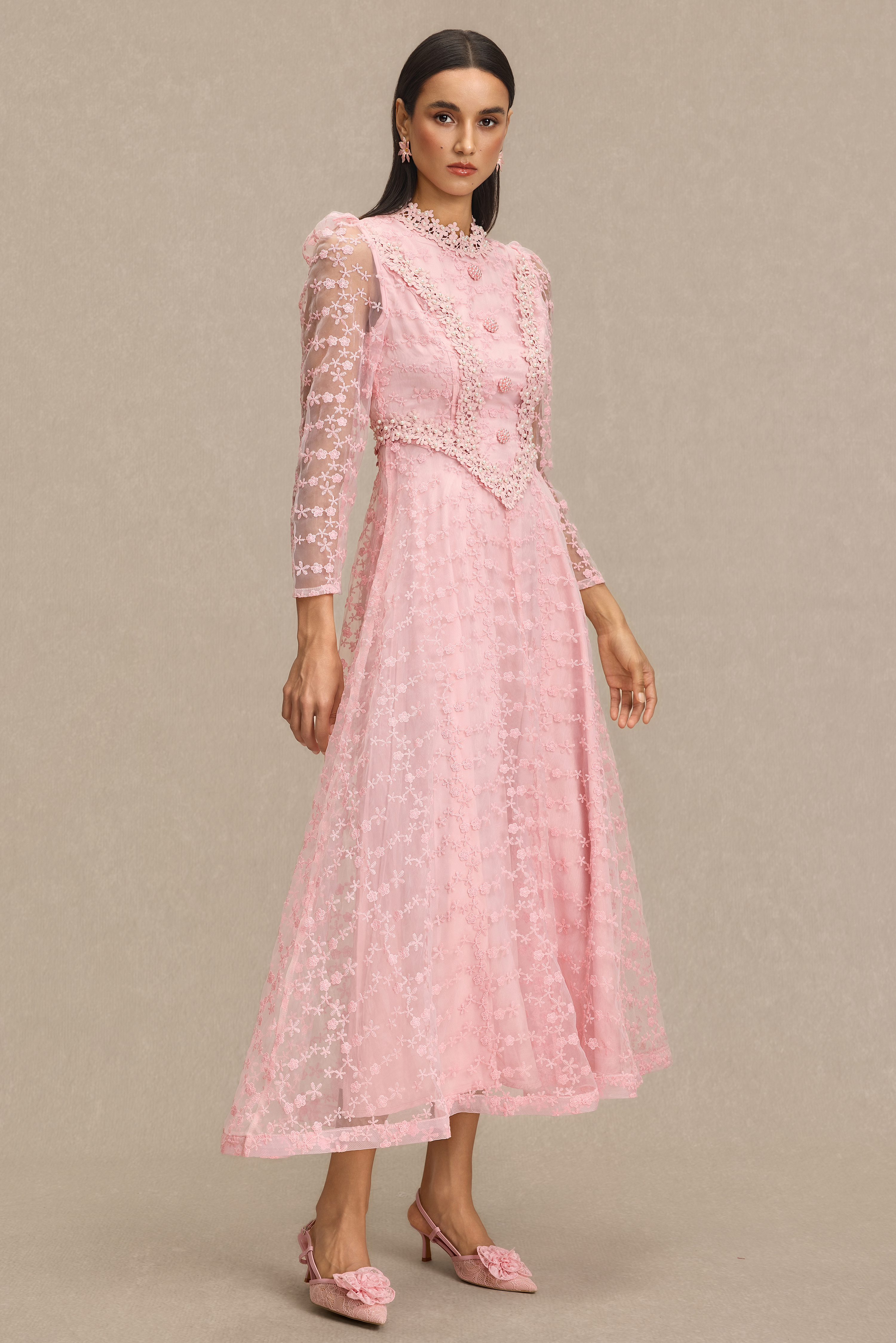 Lace Embroidered Faux Pearl Midi Dress