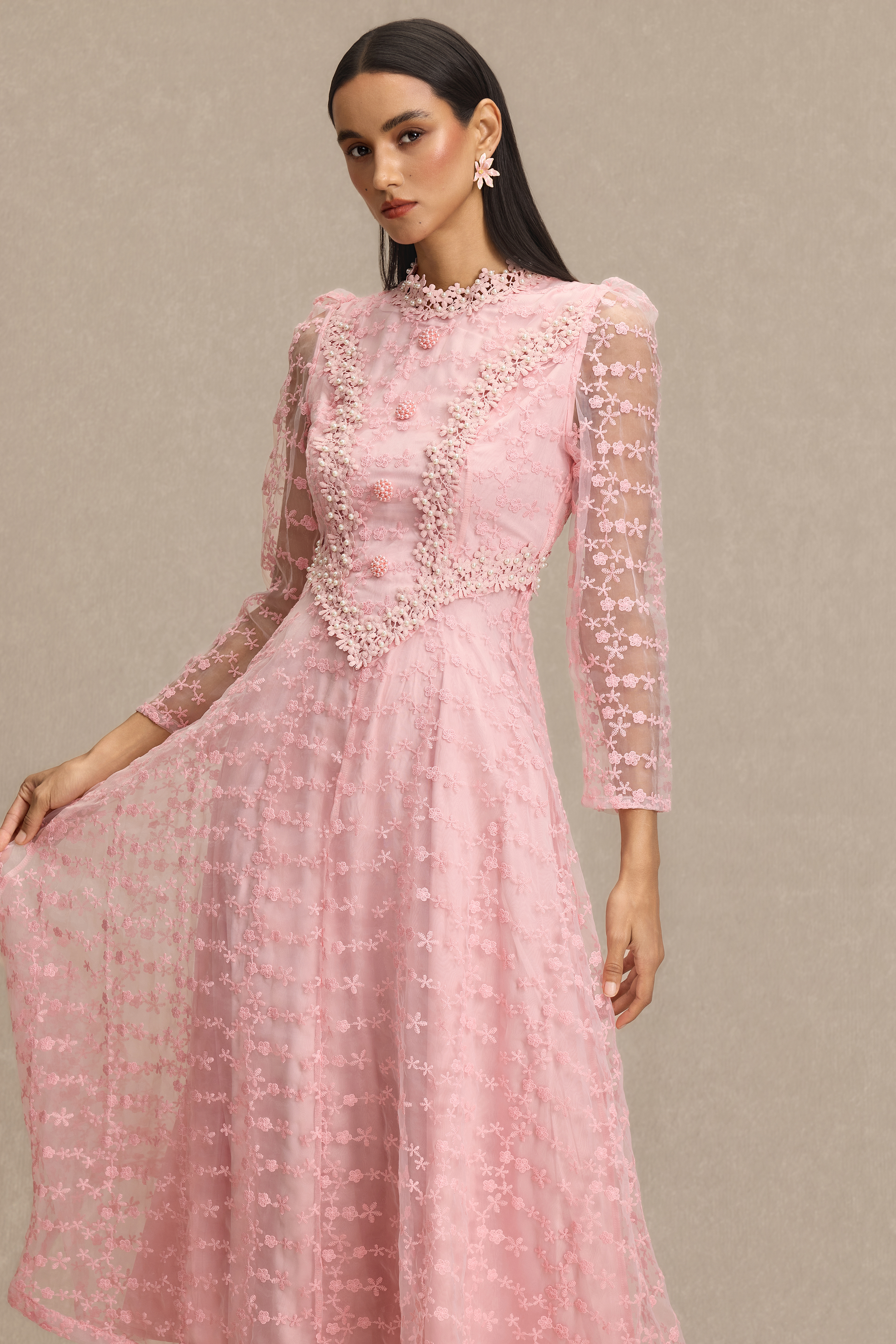 Lace Embroidered Faux Pearl Midi Dress