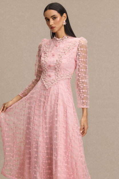 Lace Embroidered Faux Pearl Midi Dress