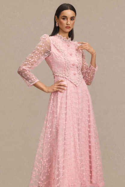 Lace Embroidered Faux Pearl Midi Dress