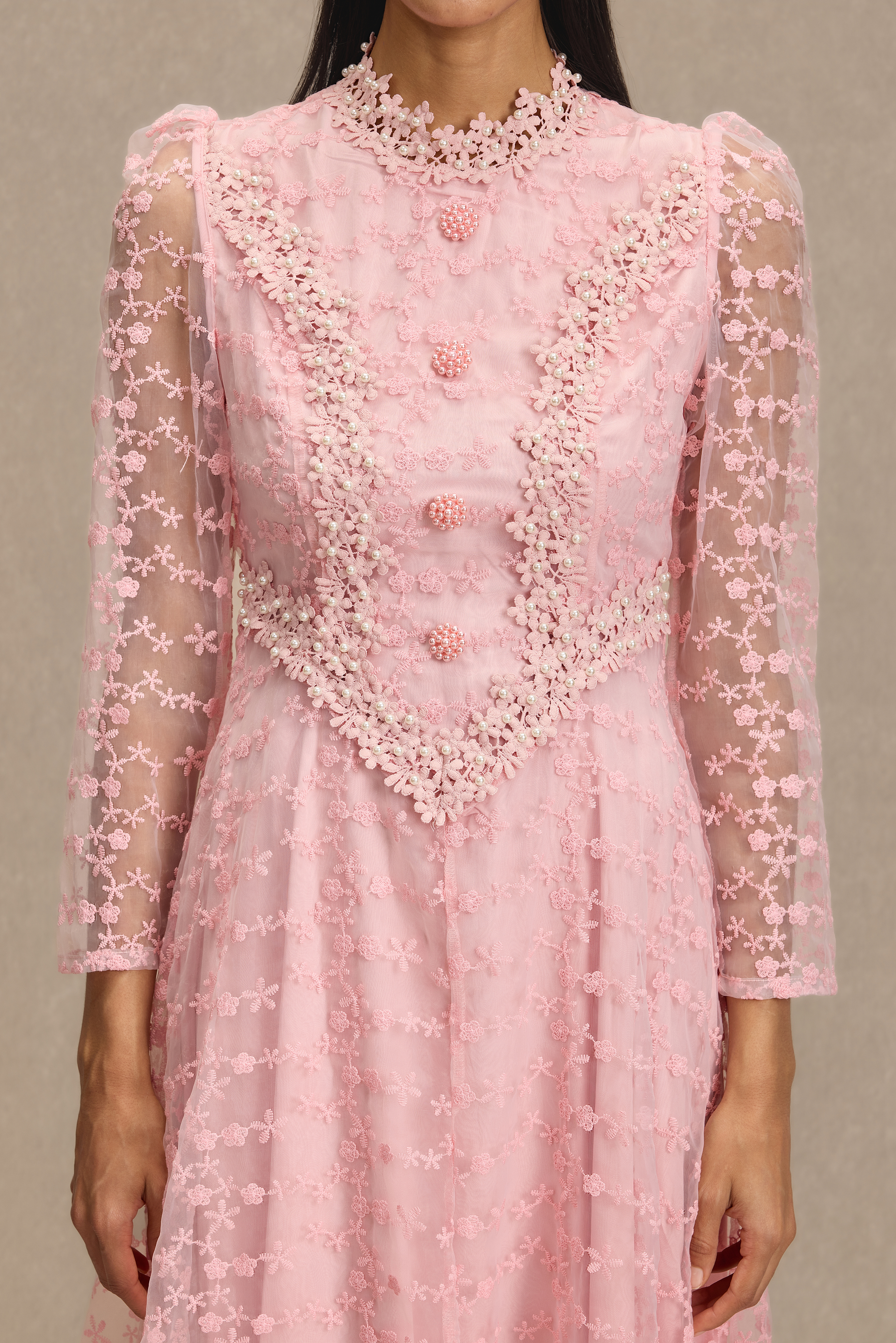 Lace Embroidered Faux Pearl Midi Dress