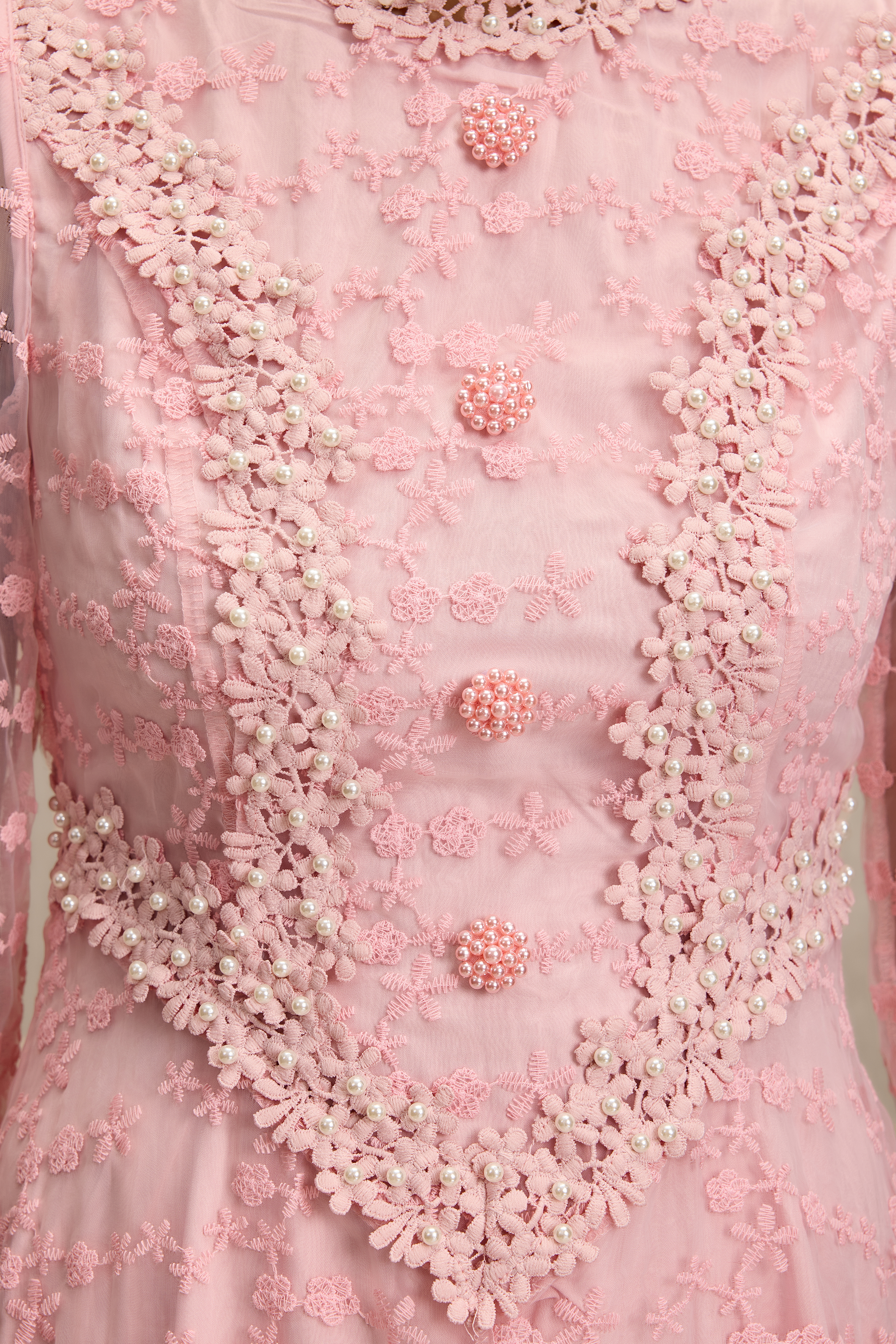 Lace Embroidered Faux Pearl Midi Dress