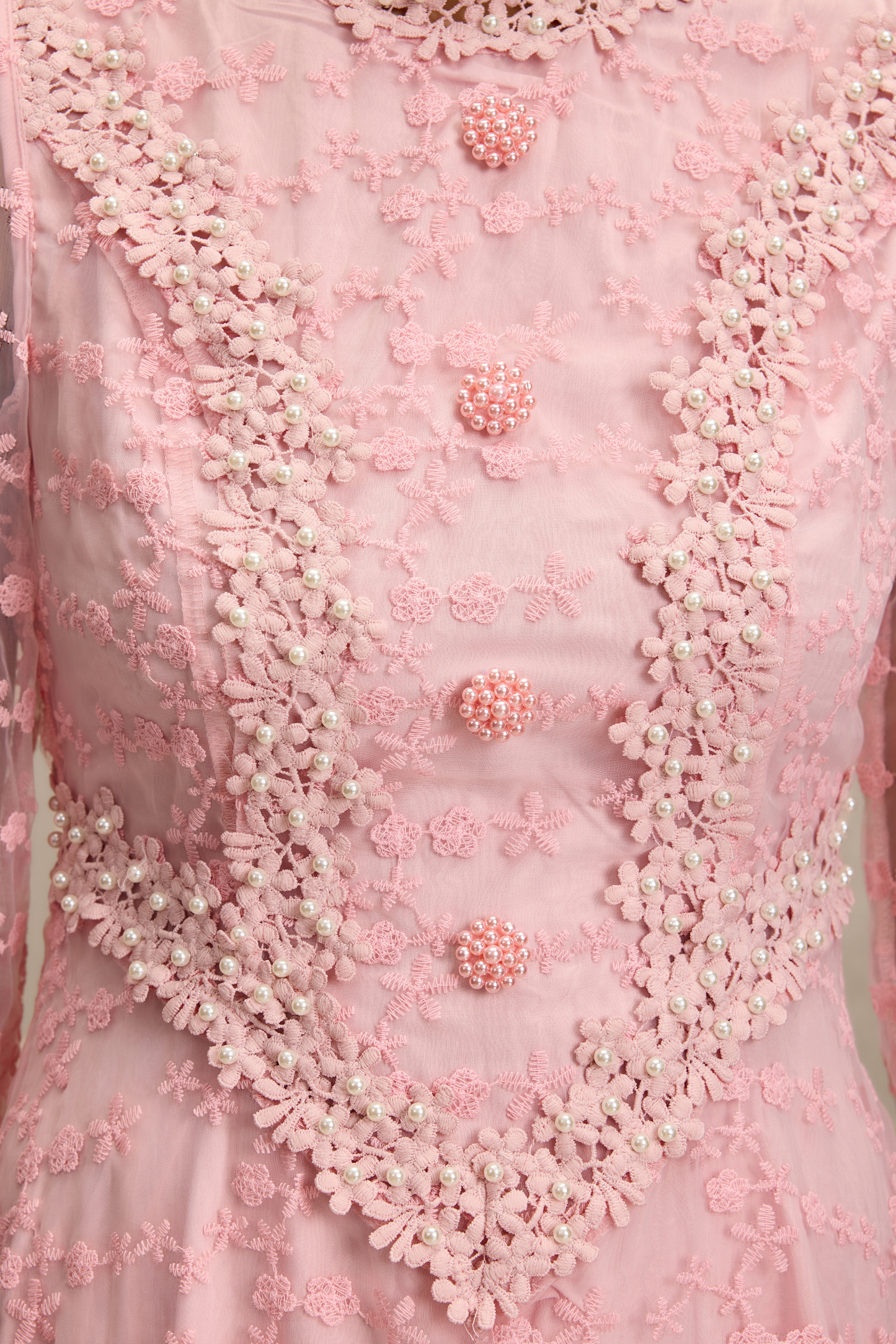 Lace Embroidered Faux Pearl Midi Dress