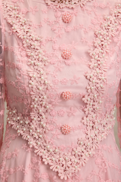 Lace Embroidered Faux Pearl Midi Dress