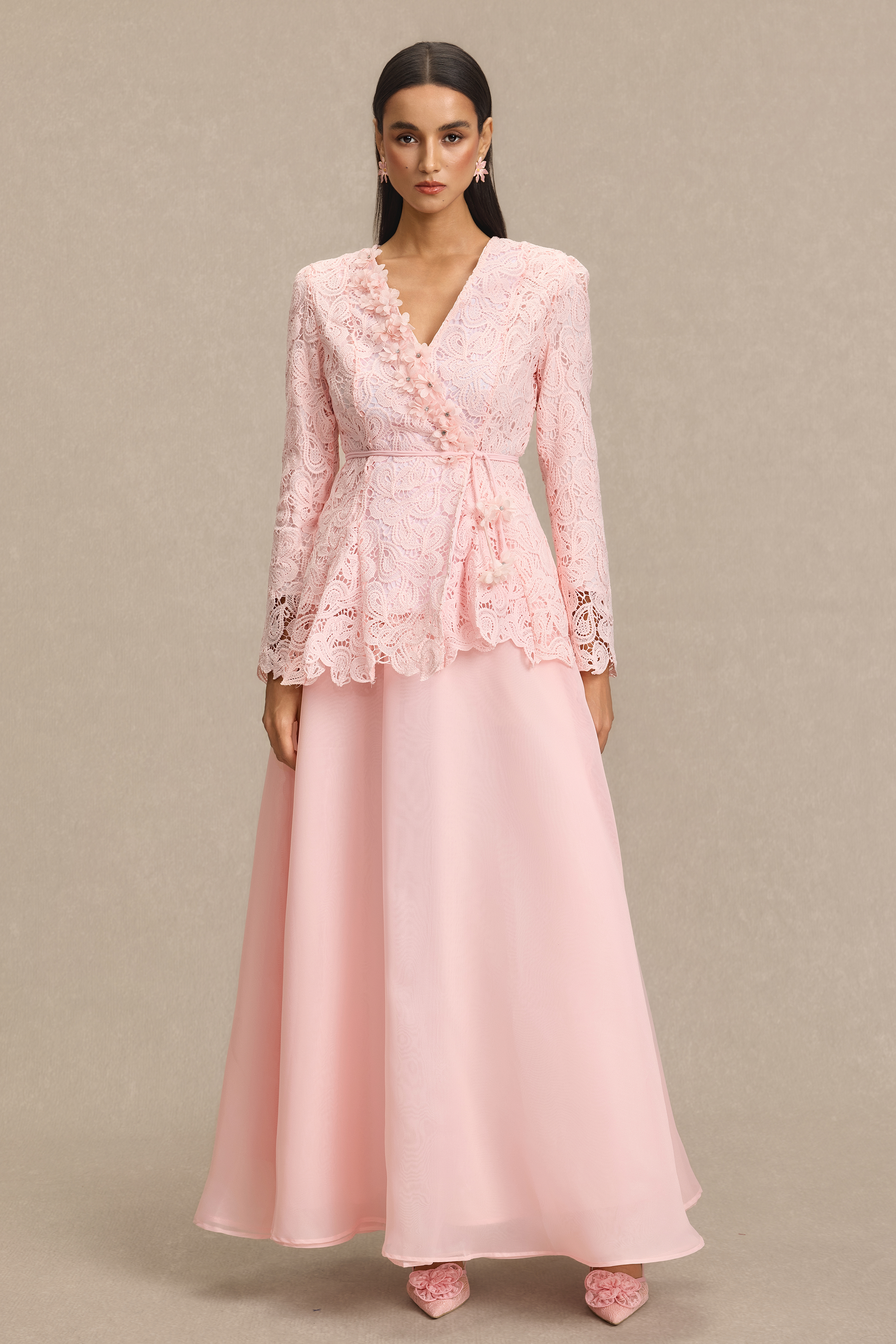Lace 3D Flower Top & Organza Midi Skirt Set