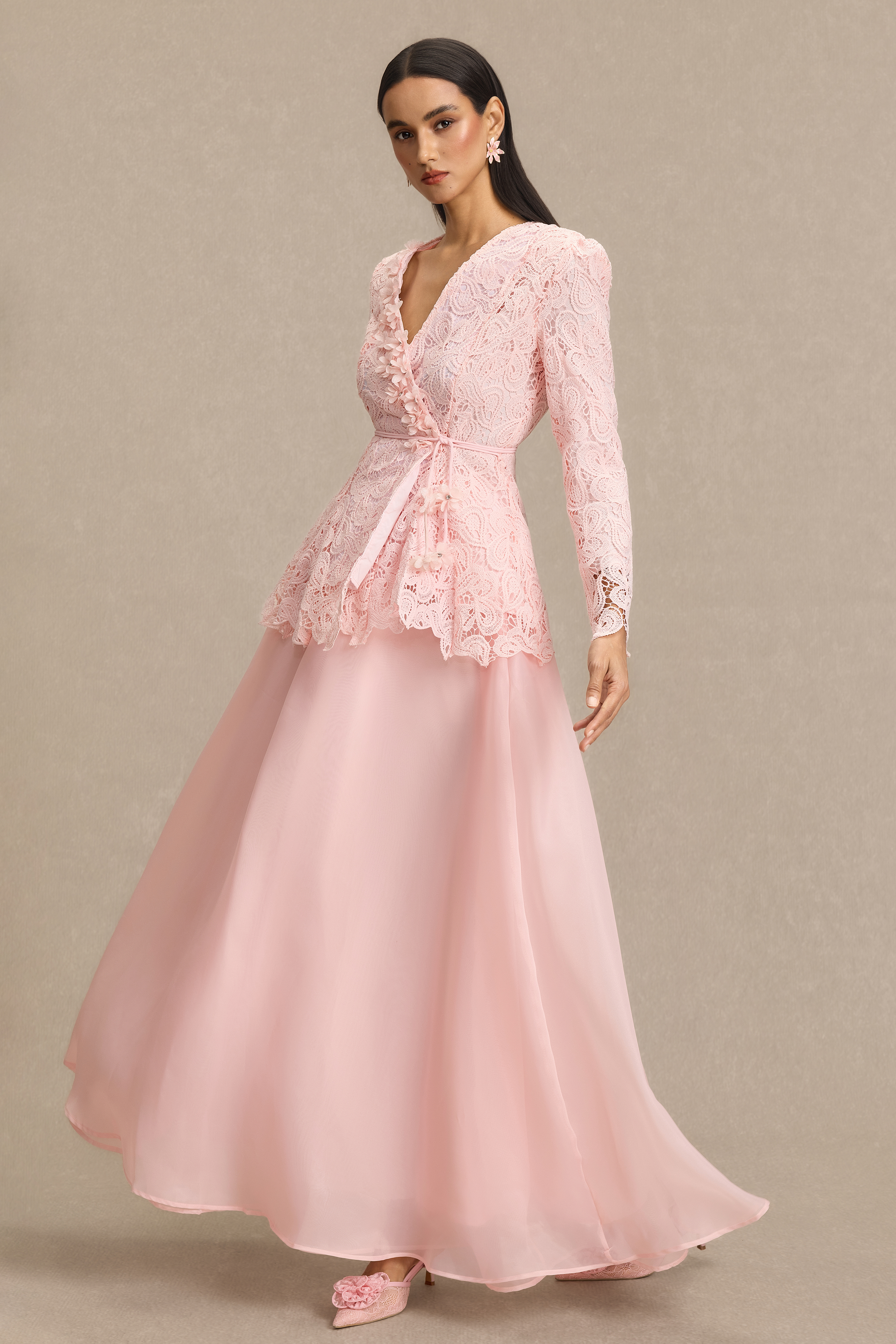Lace 3D Flower Top & Organza Midi Skirt Set
