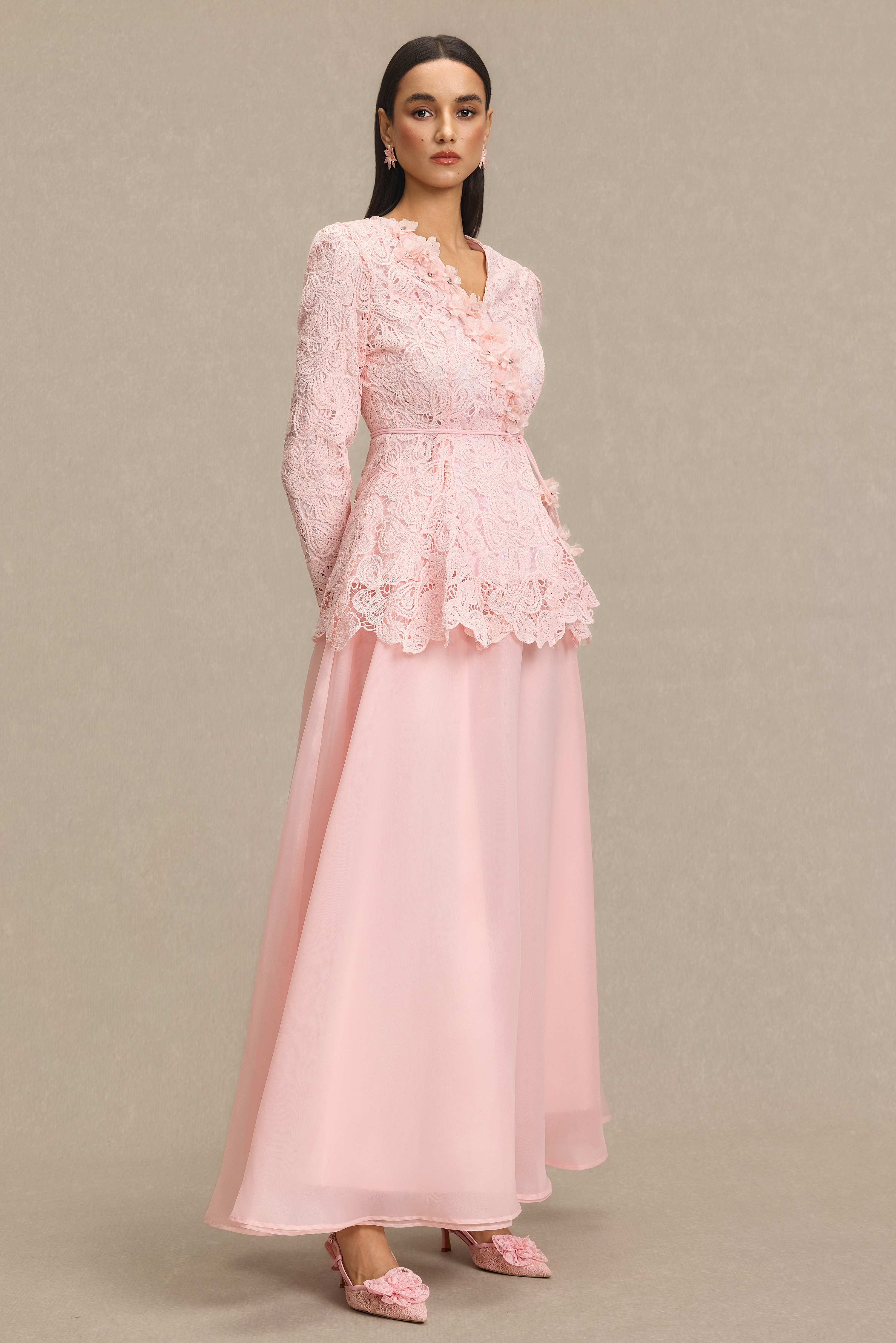 Lace 3D Flower Top & Organza Midi Skirt Set