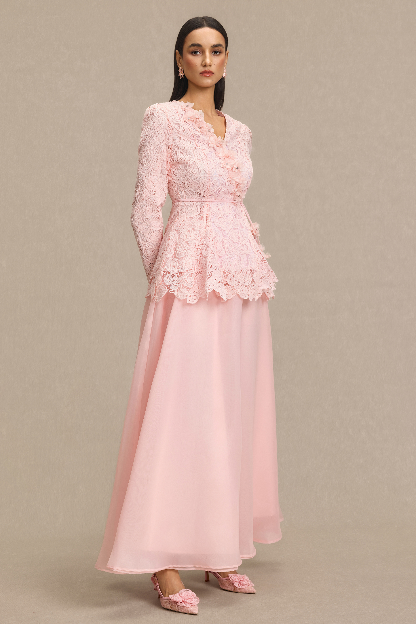 Lace 3D Flower Top & Organza Midi Skirt Set