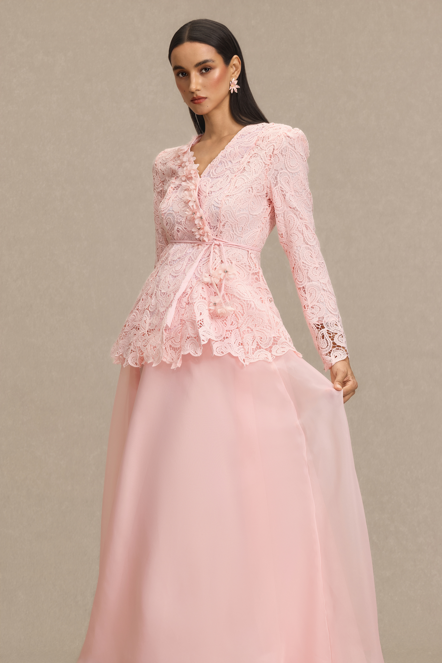 Lace 3D Flower Top & Organza Midi Skirt Set