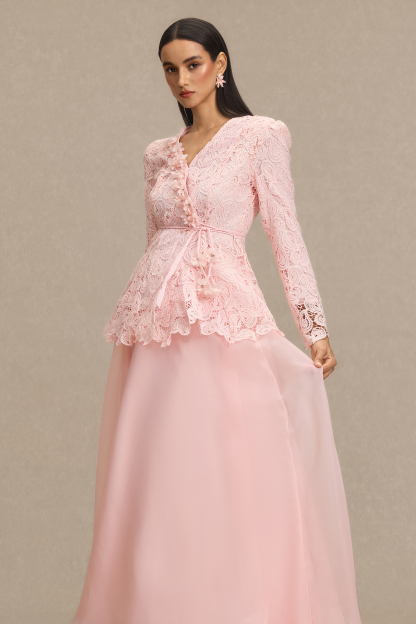 Lace 3D Flower Top & Organza Midi Skirt Set