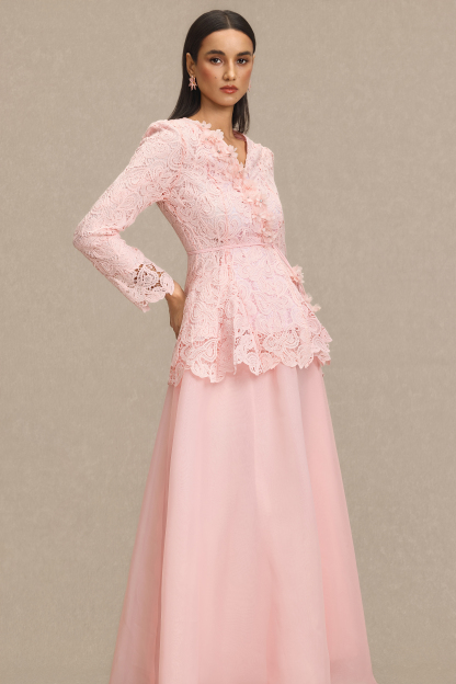 Lace 3D Flower Top & Organza Midi Skirt Set