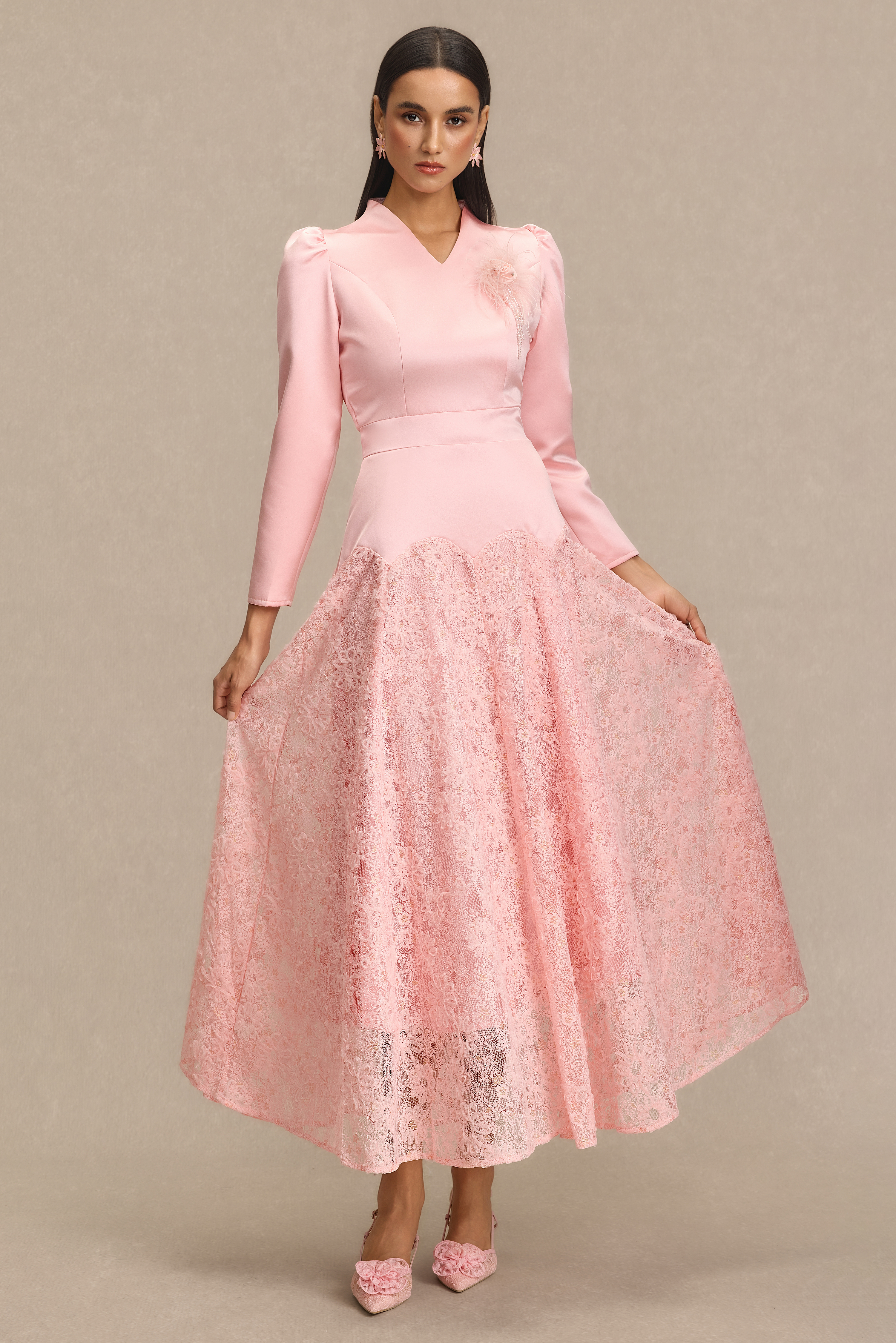 Lace V-Neck 3D Flower Maxi Dress