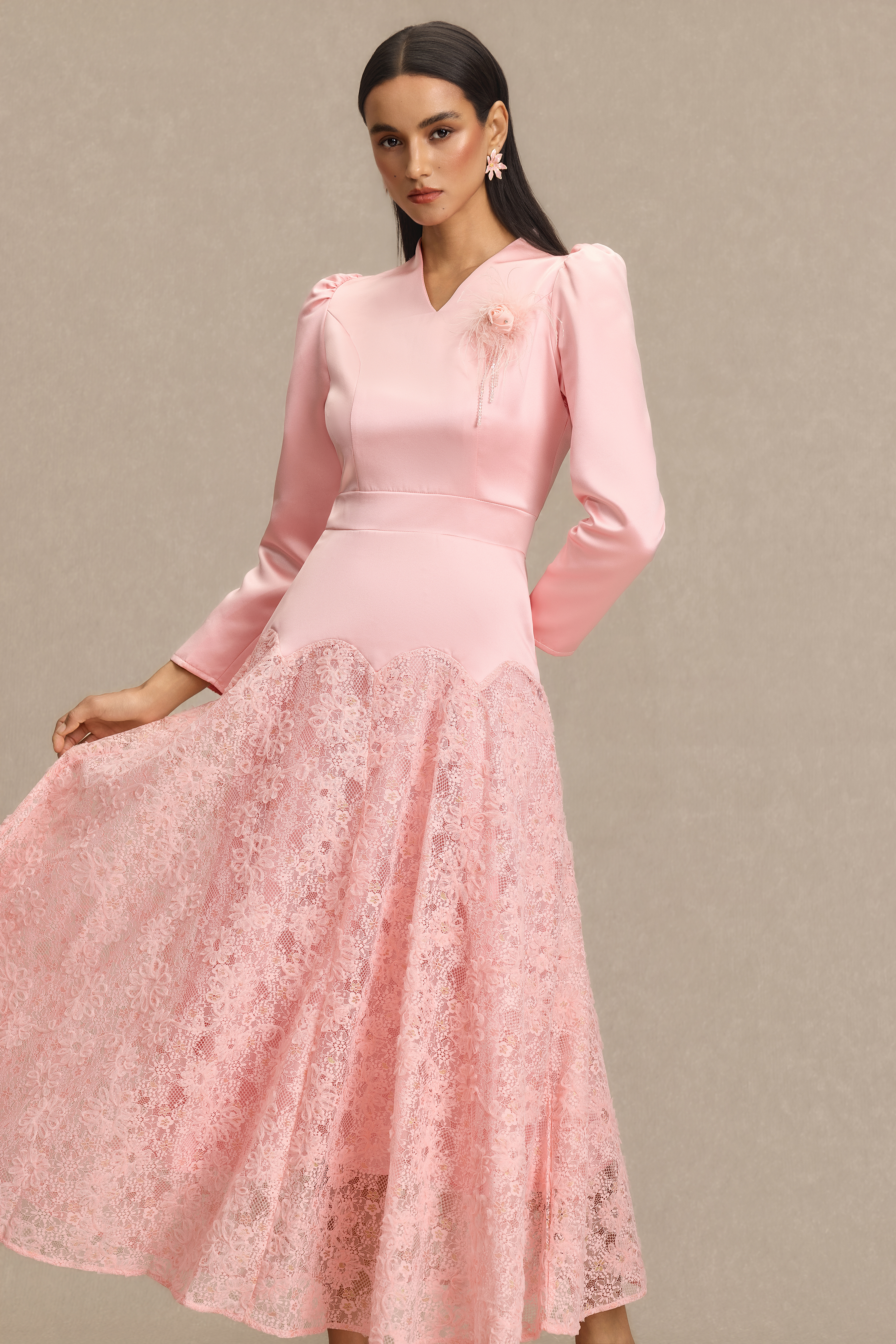 Lace V-Neck 3D Flower Maxi Dress
