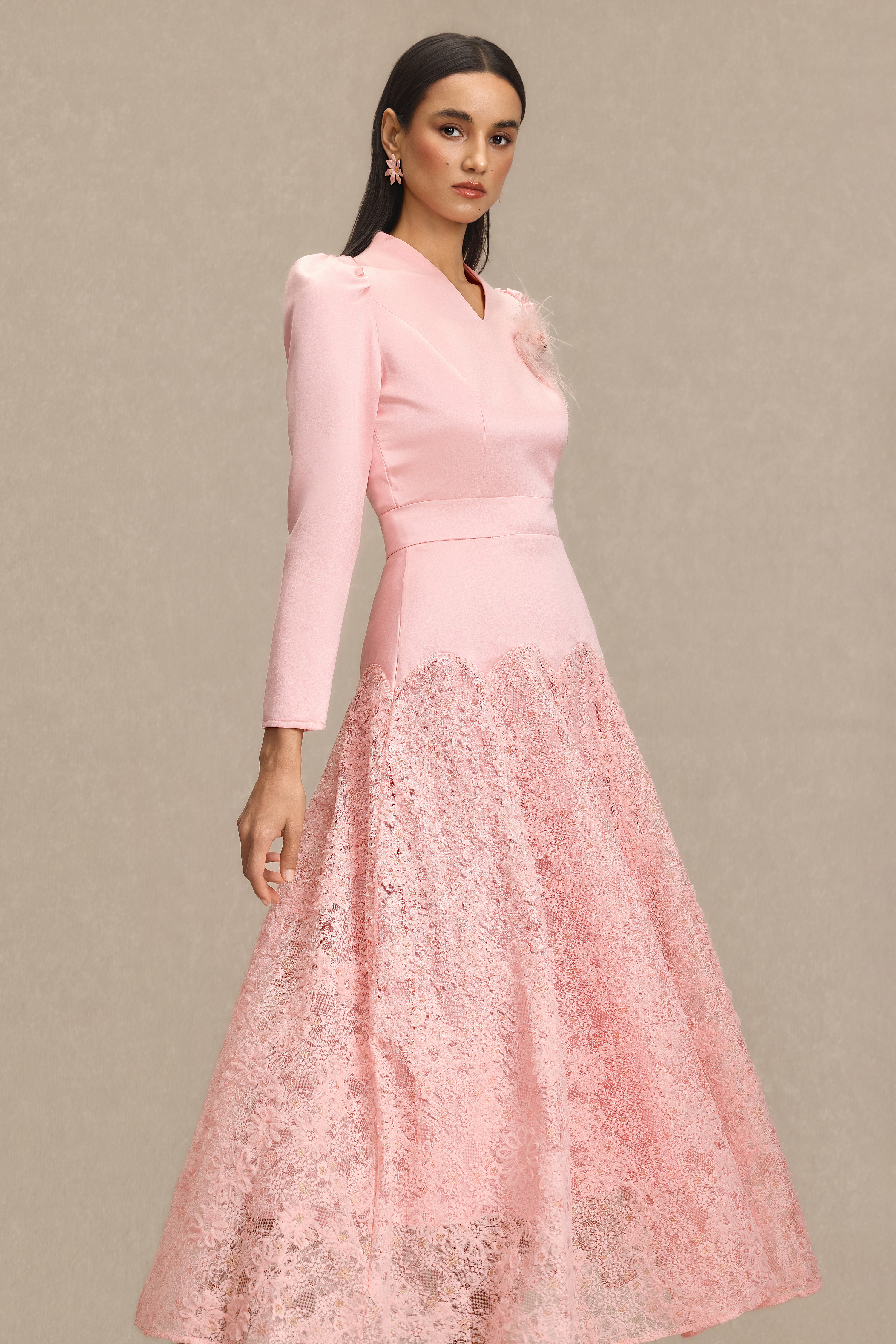 Lace V-Neck 3D Flower Maxi Dress