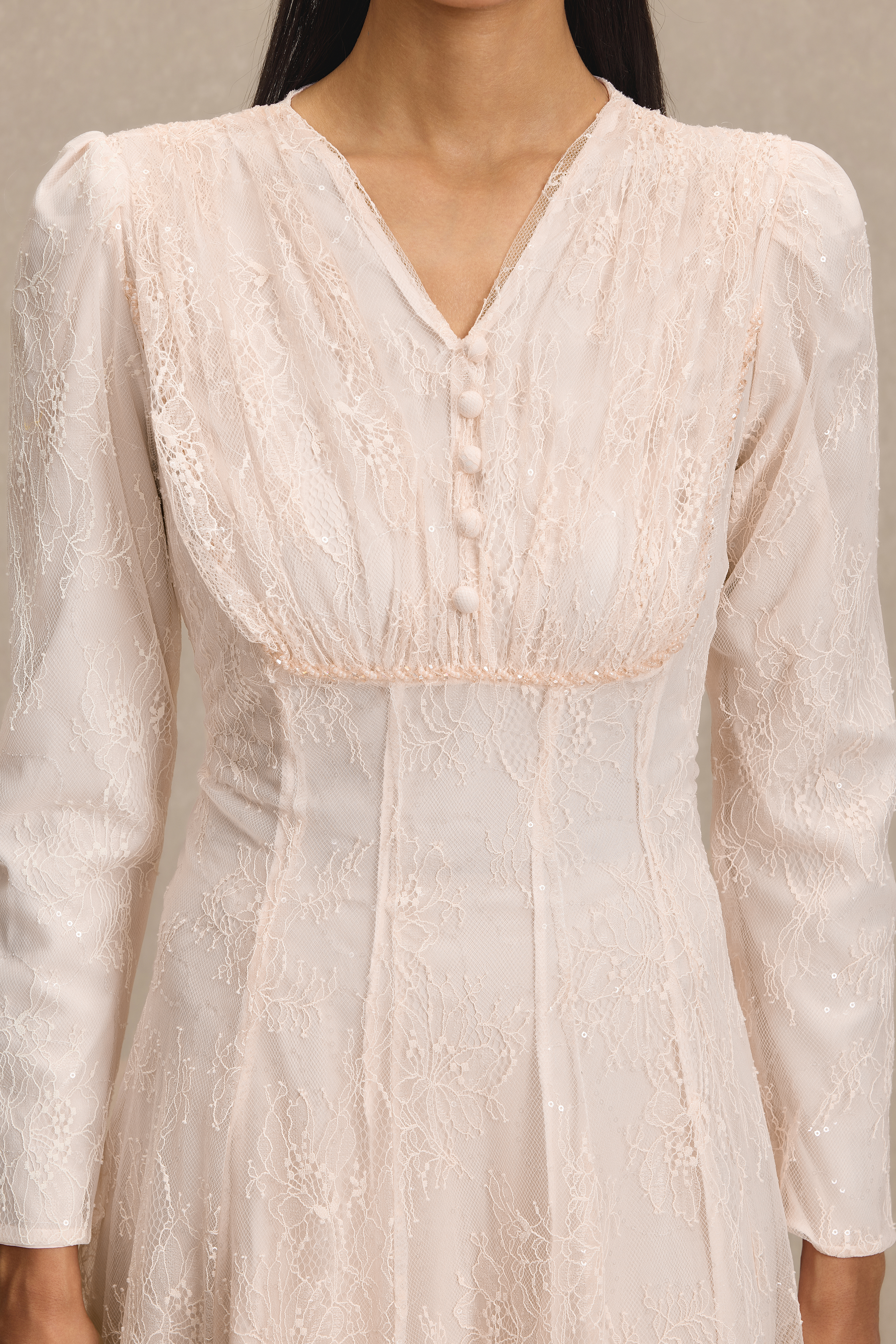 Lace Gathering Button Maxi Dress
