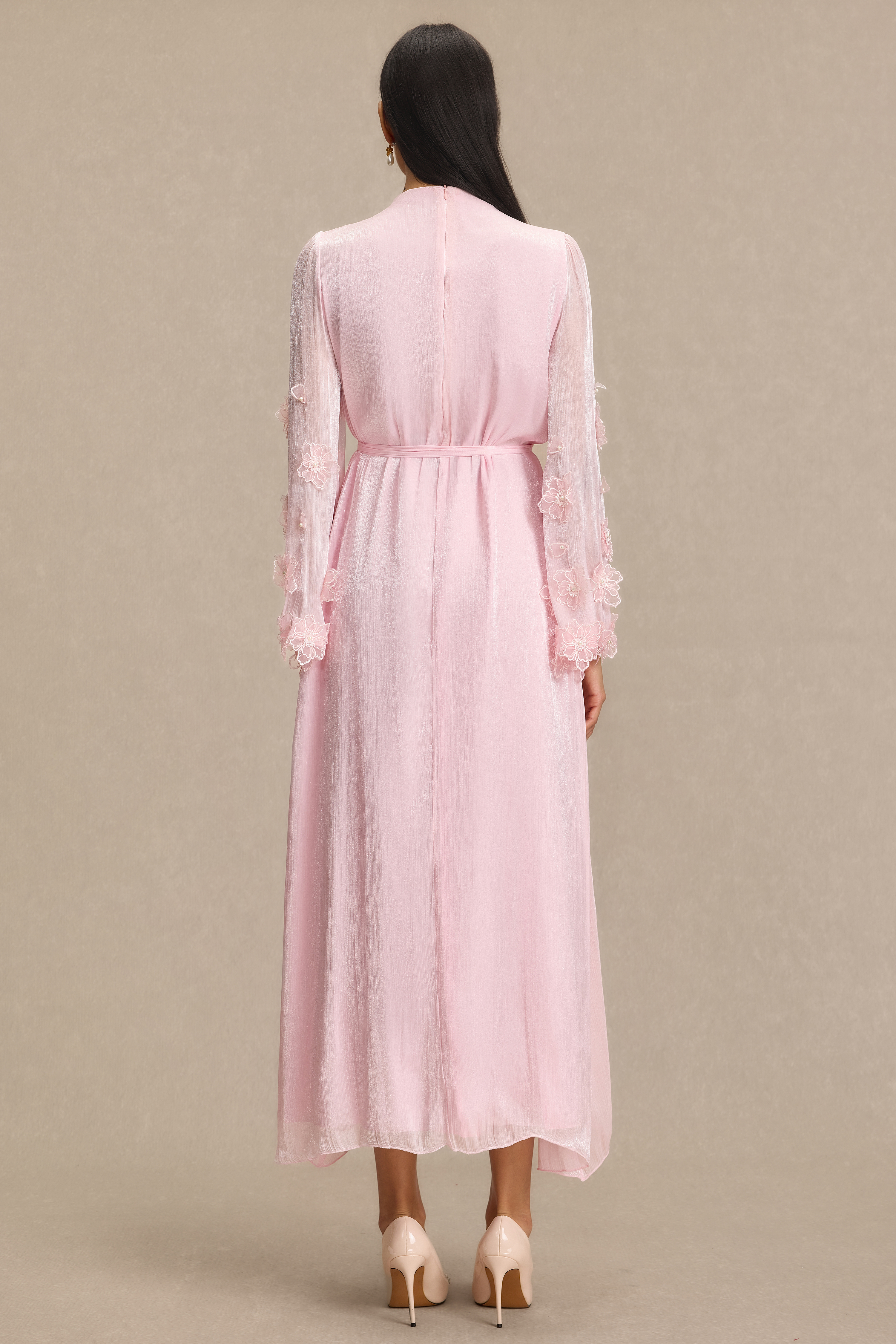 Embroidered 3D Flower Bell Sleeve Midi Dress