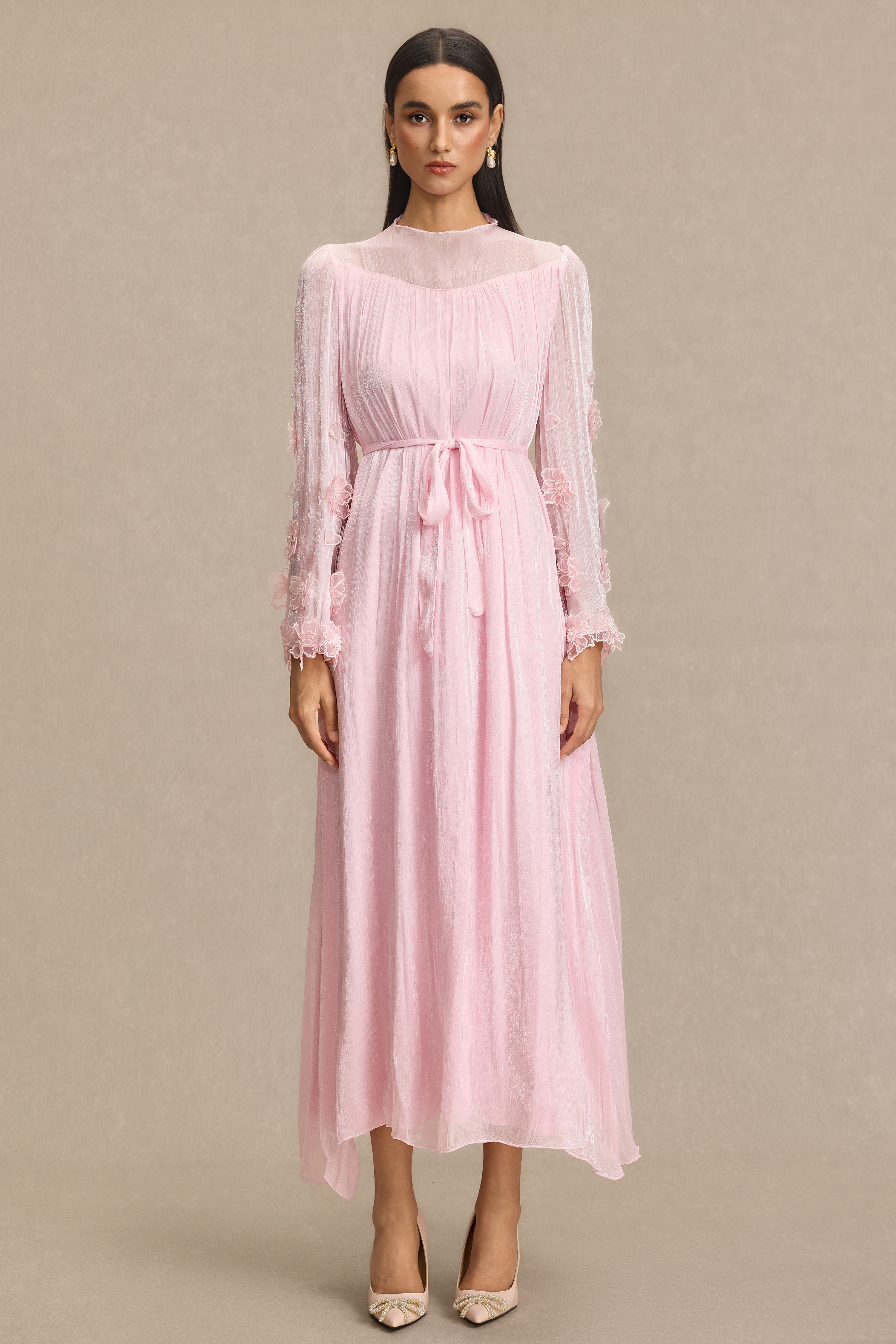 Embroidered 3D Flower Bell Sleeve Midi Dress