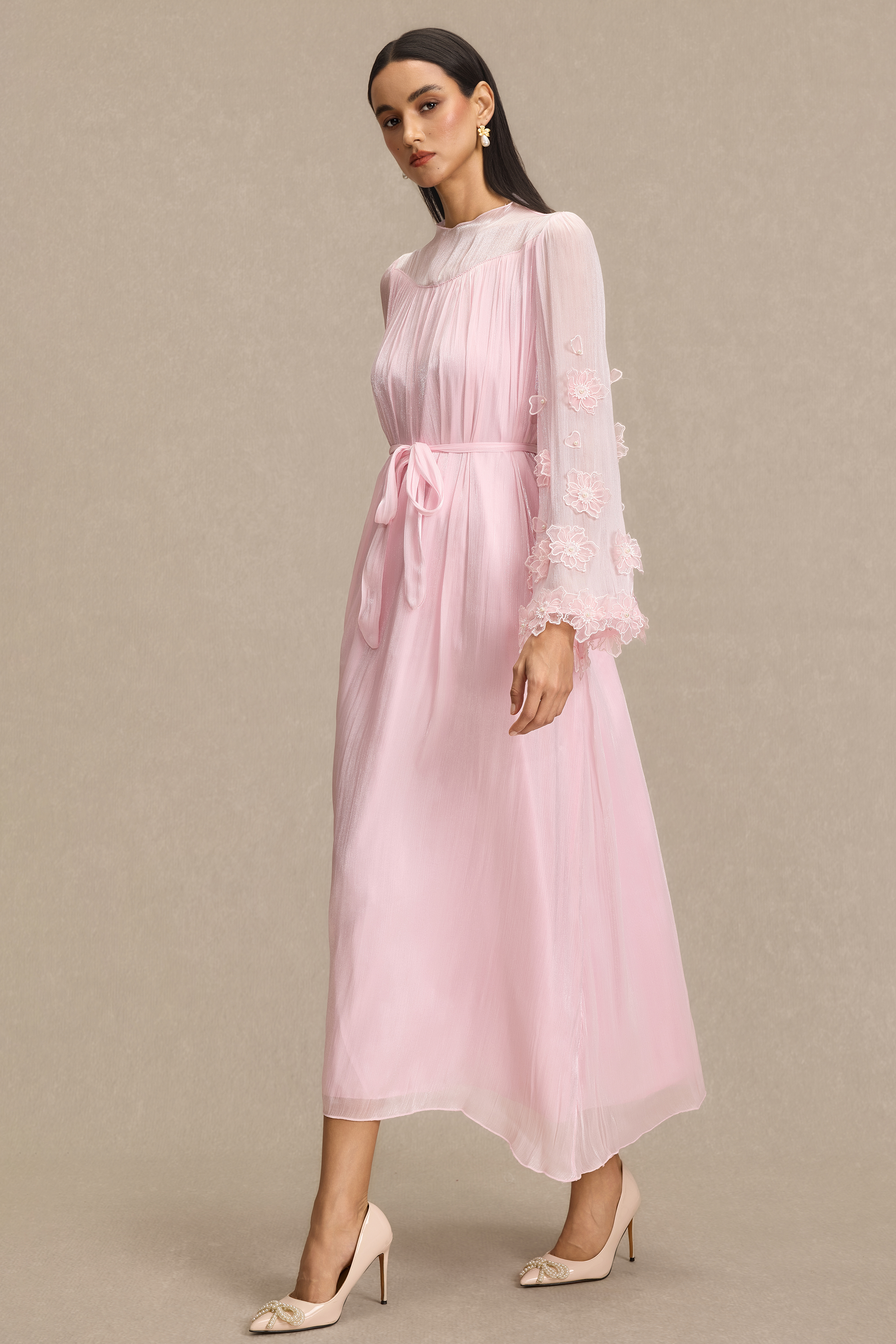 Embroidered 3D Flower Bell Sleeve Midi Dress