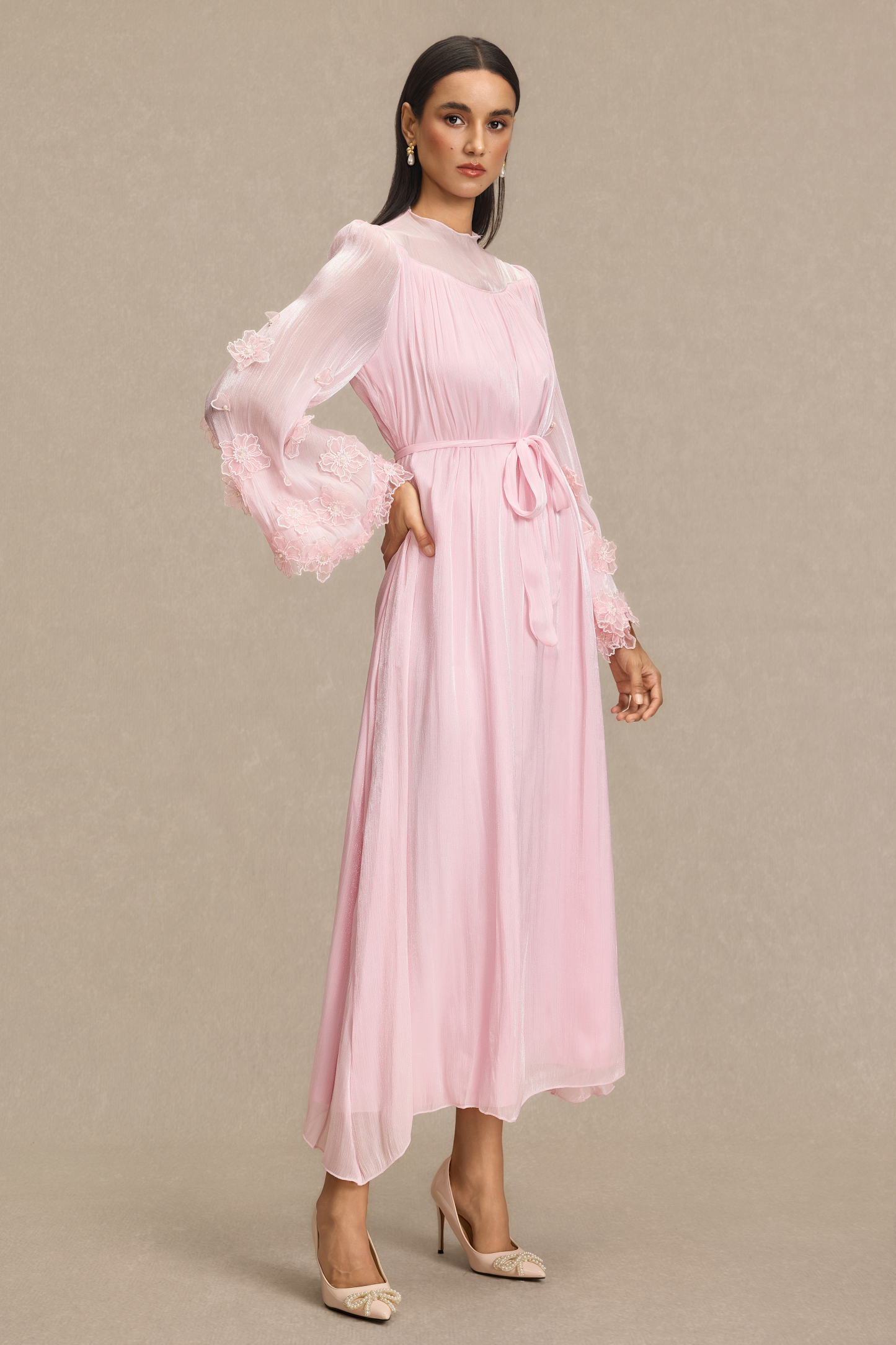 Embroidered 3D Flower Bell Sleeve Midi Dress