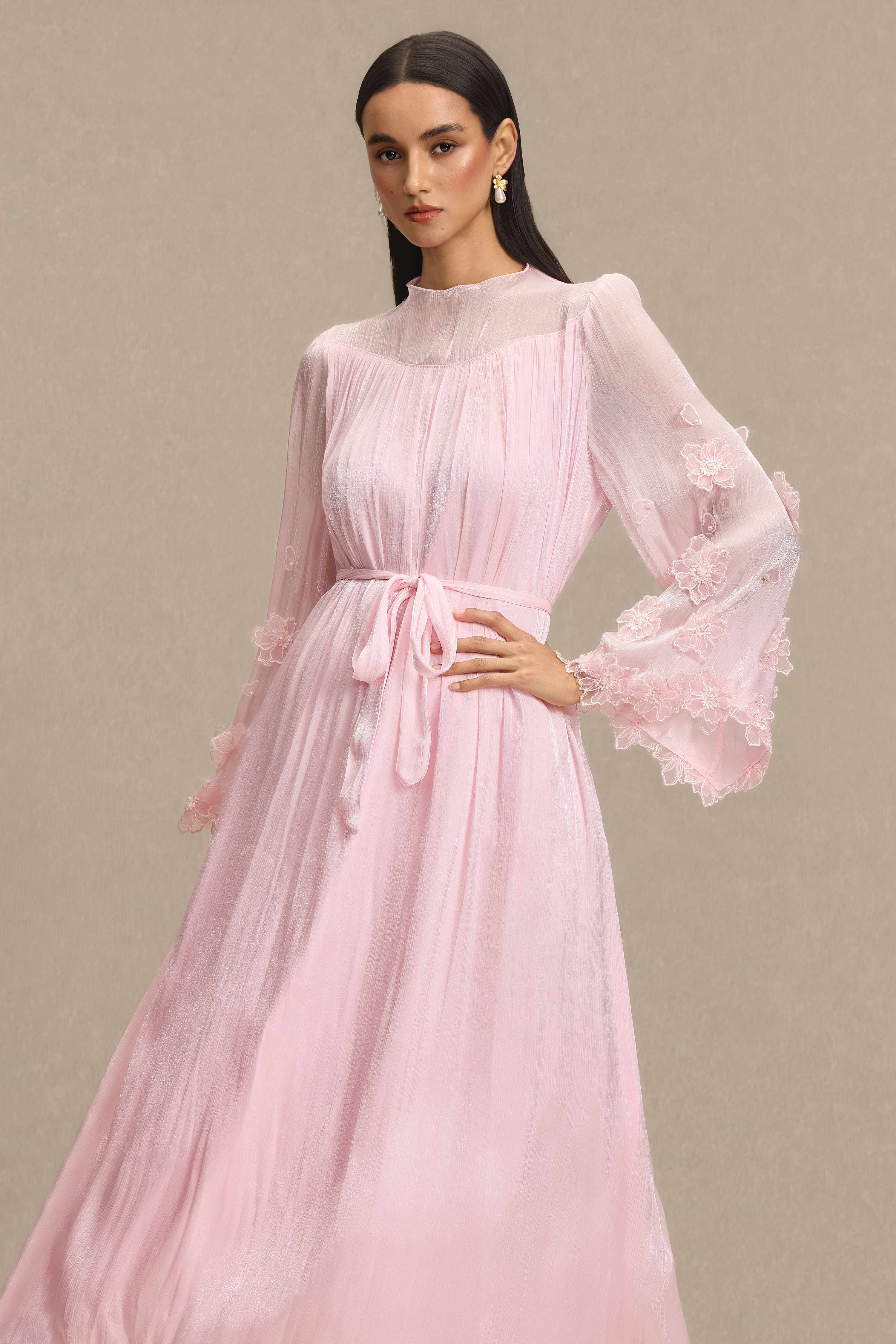 Embroidered 3D Flower Bell Sleeve Midi Dress
