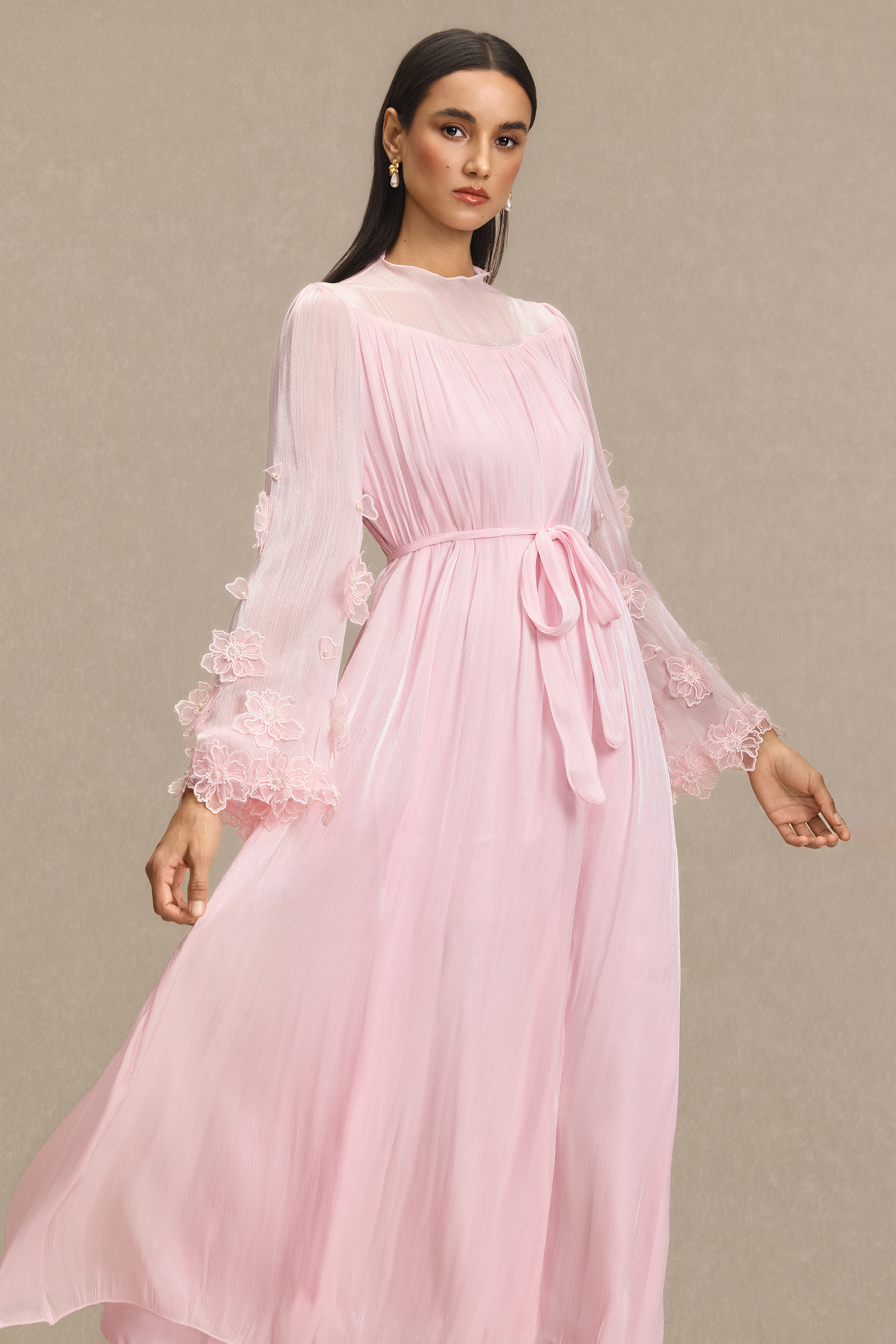 Embroidered 3D Flower Bell Sleeve Midi Dress