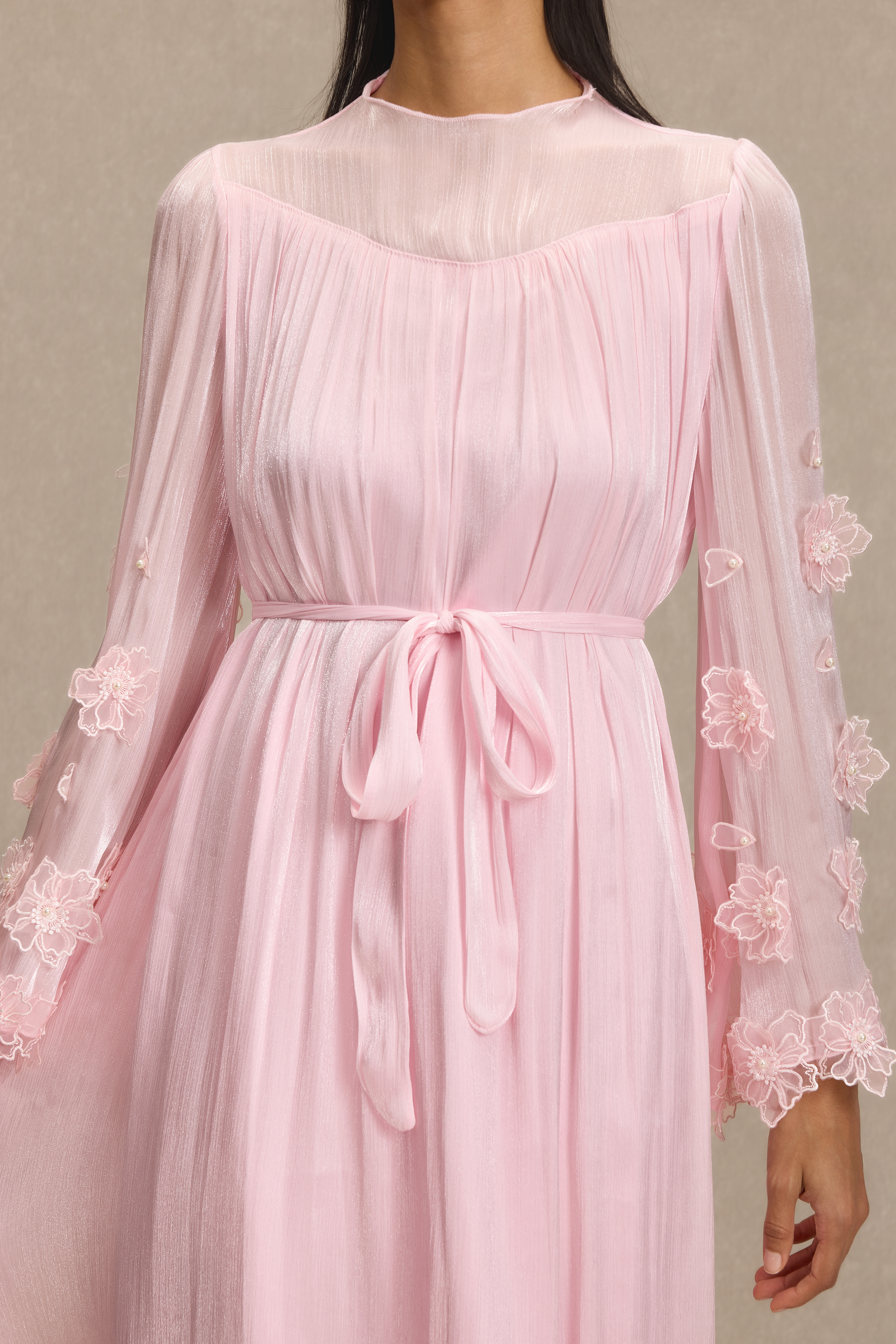Embroidered 3D Flower Bell Sleeve Midi Dress