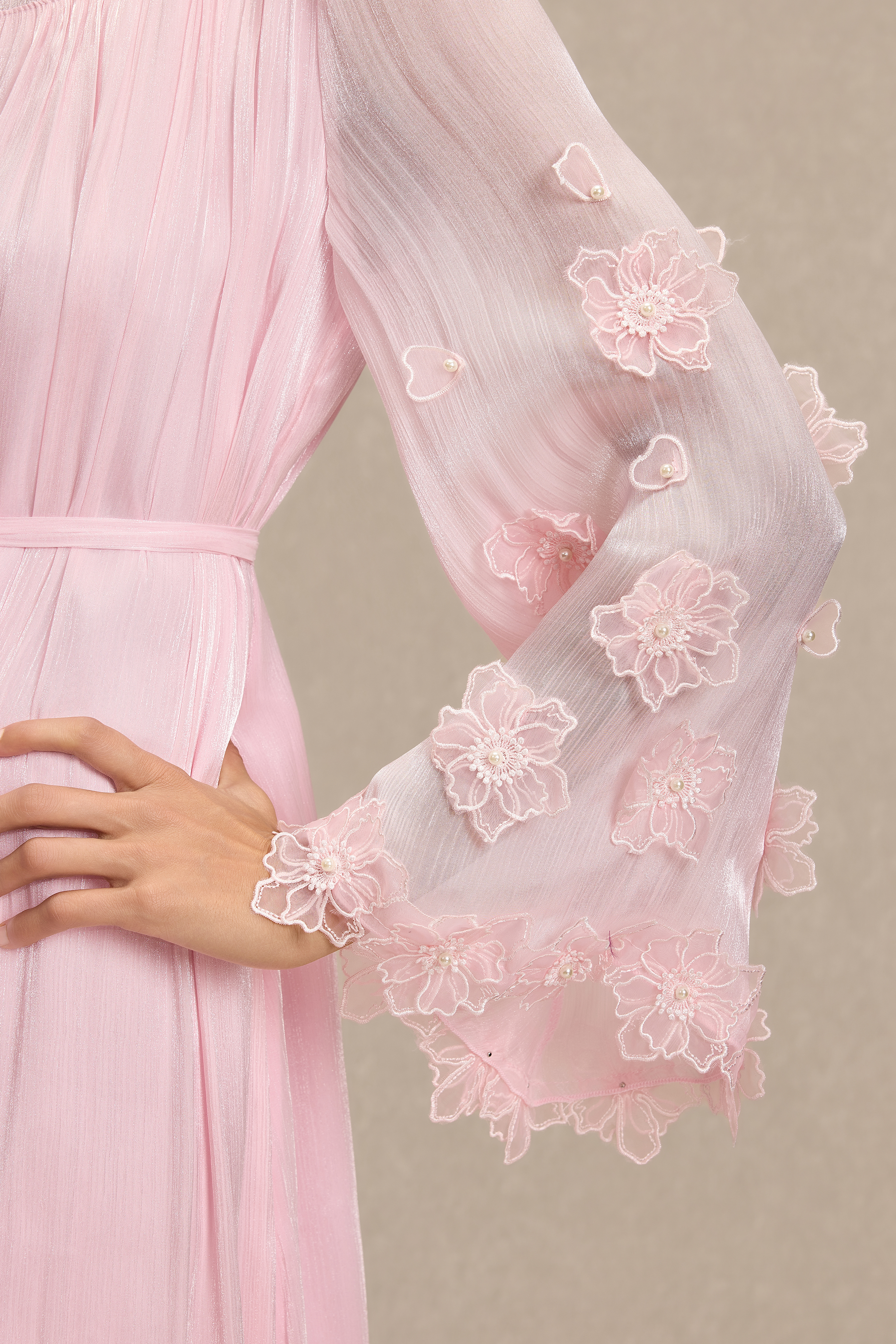 Embroidered 3D Flower Bell Sleeve Midi Dress