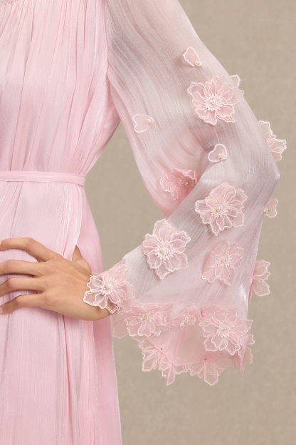 Embroidered 3D Flower Bell Sleeve Midi Dress