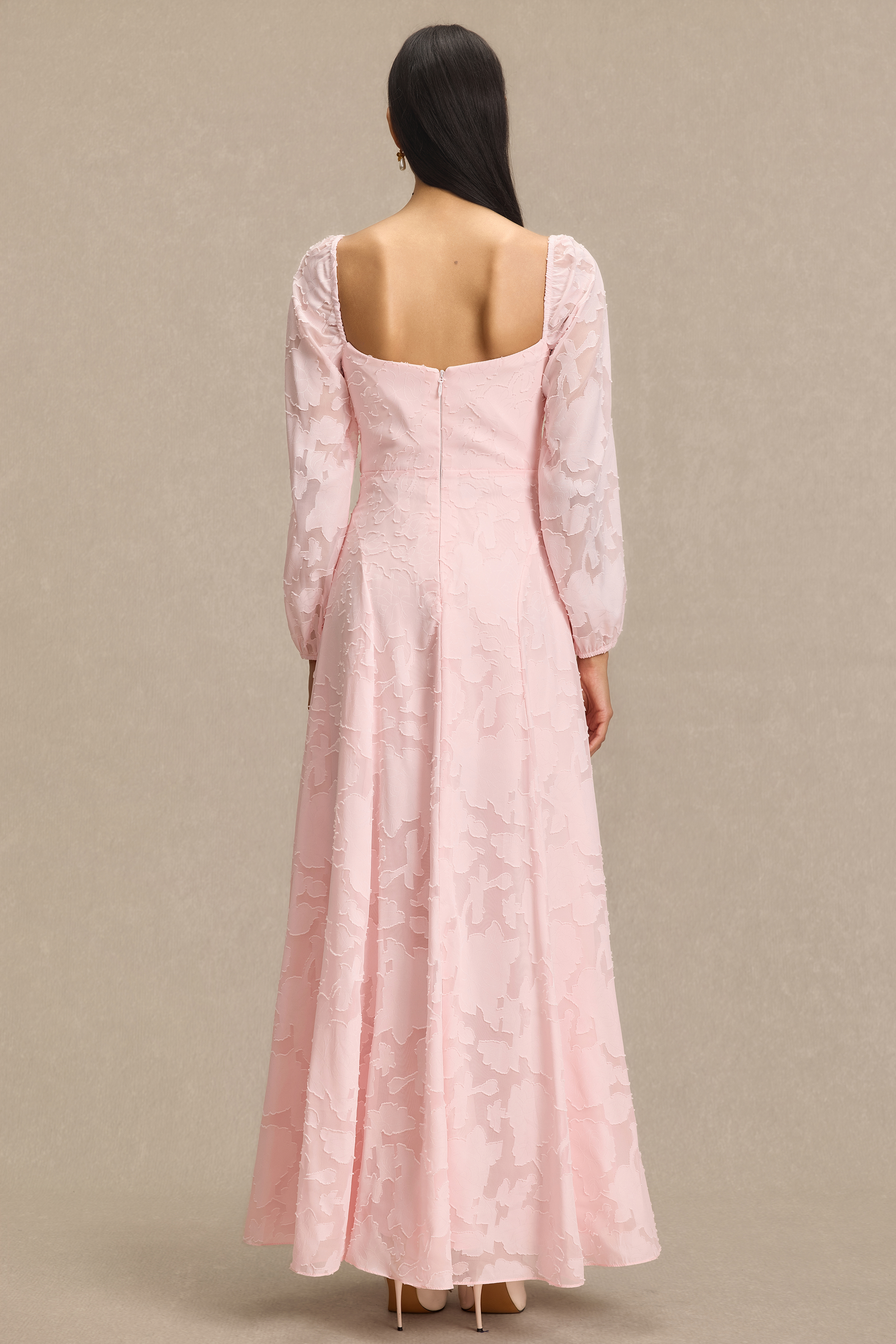 Burn-Out Ruched Lantern Sleeve Maxi Dress