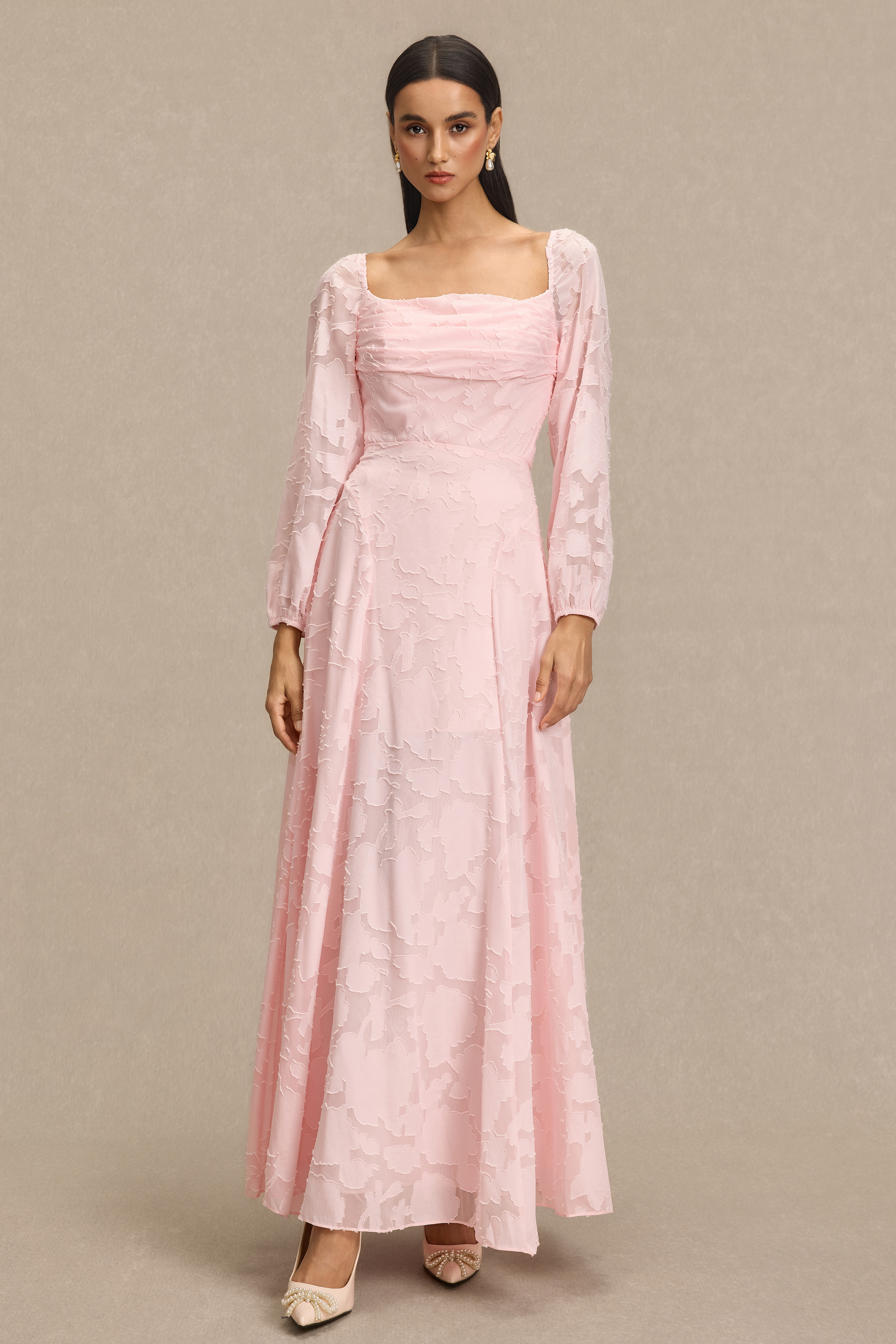 Burn-Out Ruched Lantern Sleeve Maxi Dress