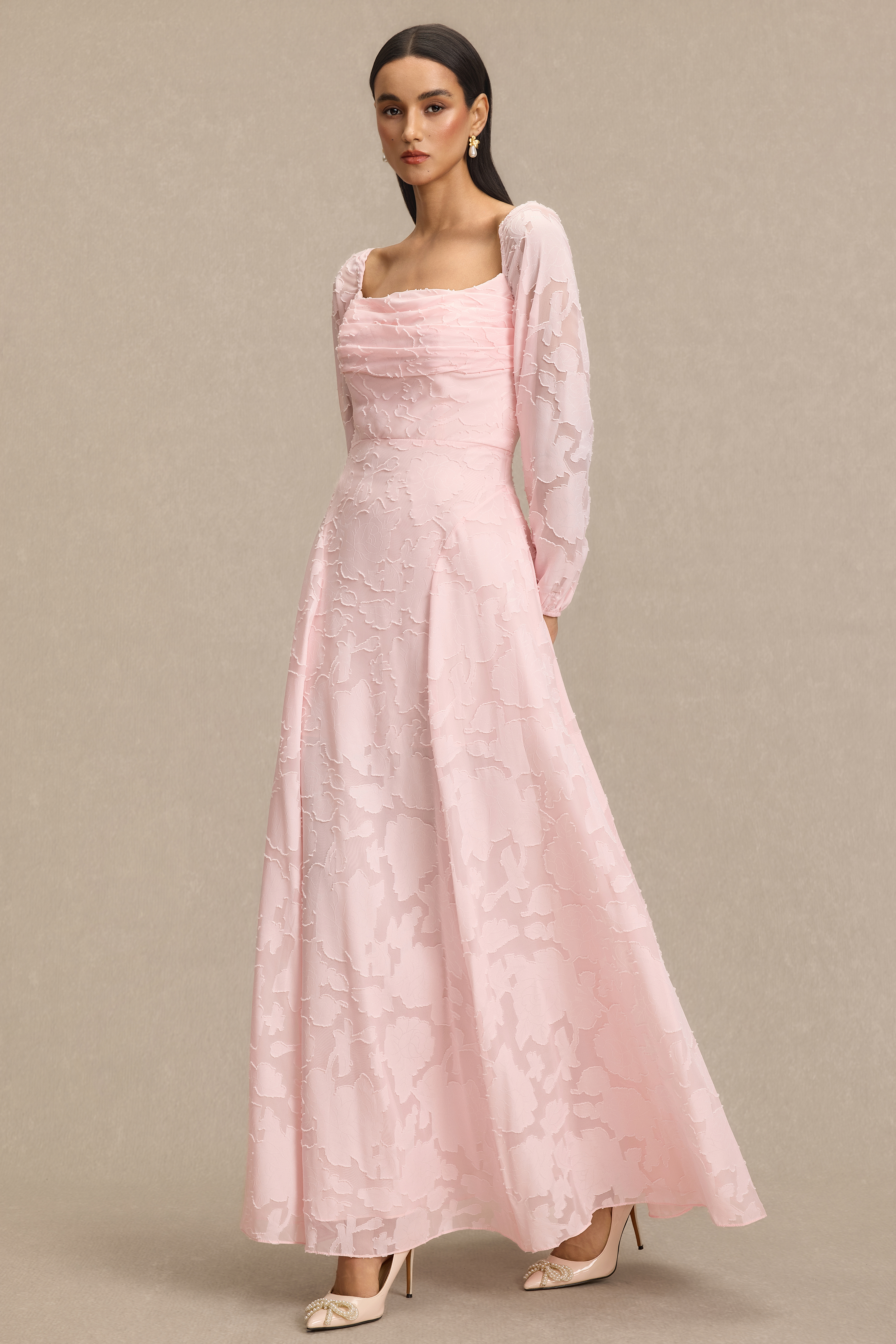 Burn-Out Ruched Lantern Sleeve Maxi Dress
