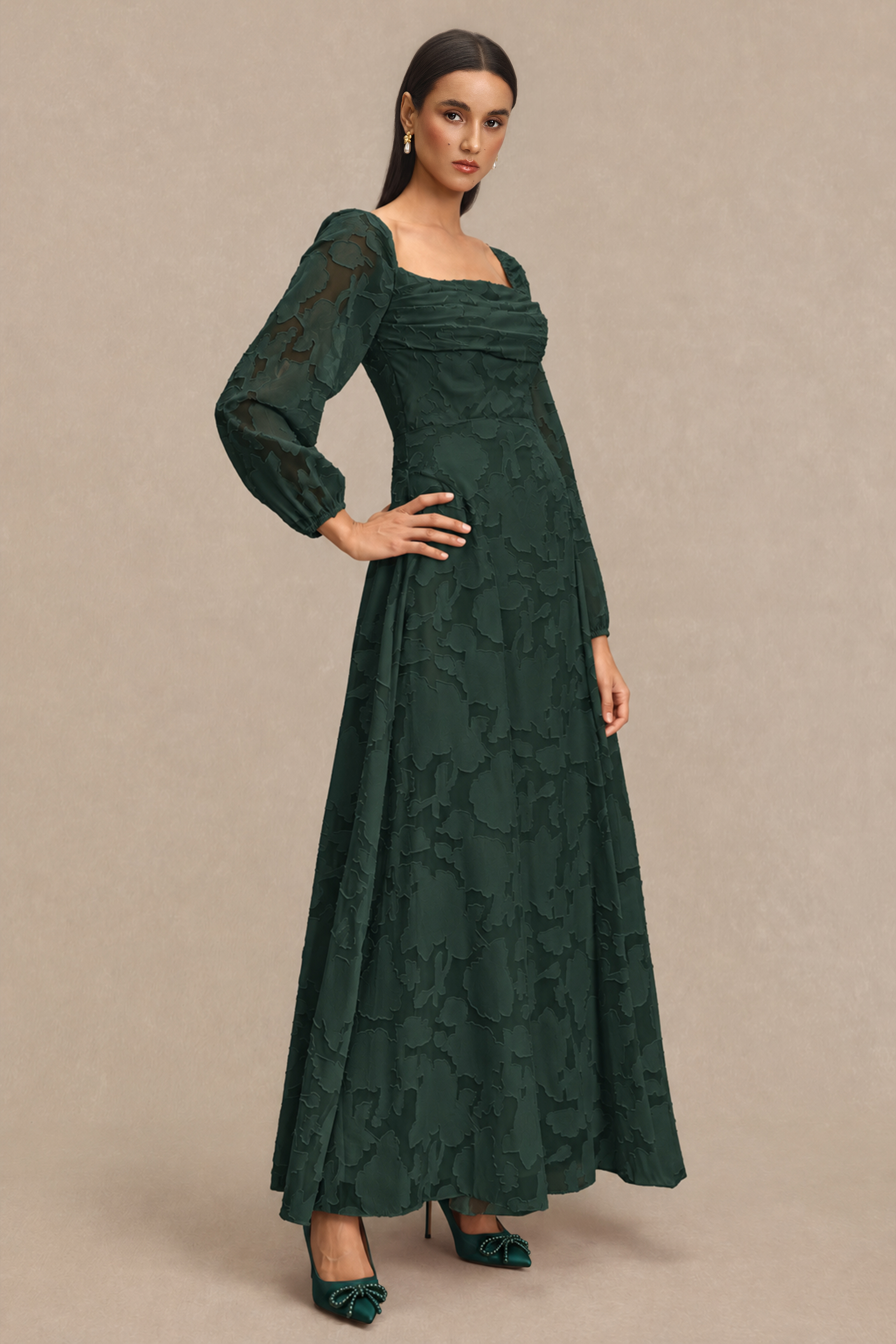 Burn-Out Ruched Lantern Sleeve Maxi Dress