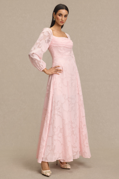 Burn-Out Ruched Lantern Sleeve Maxi Dress