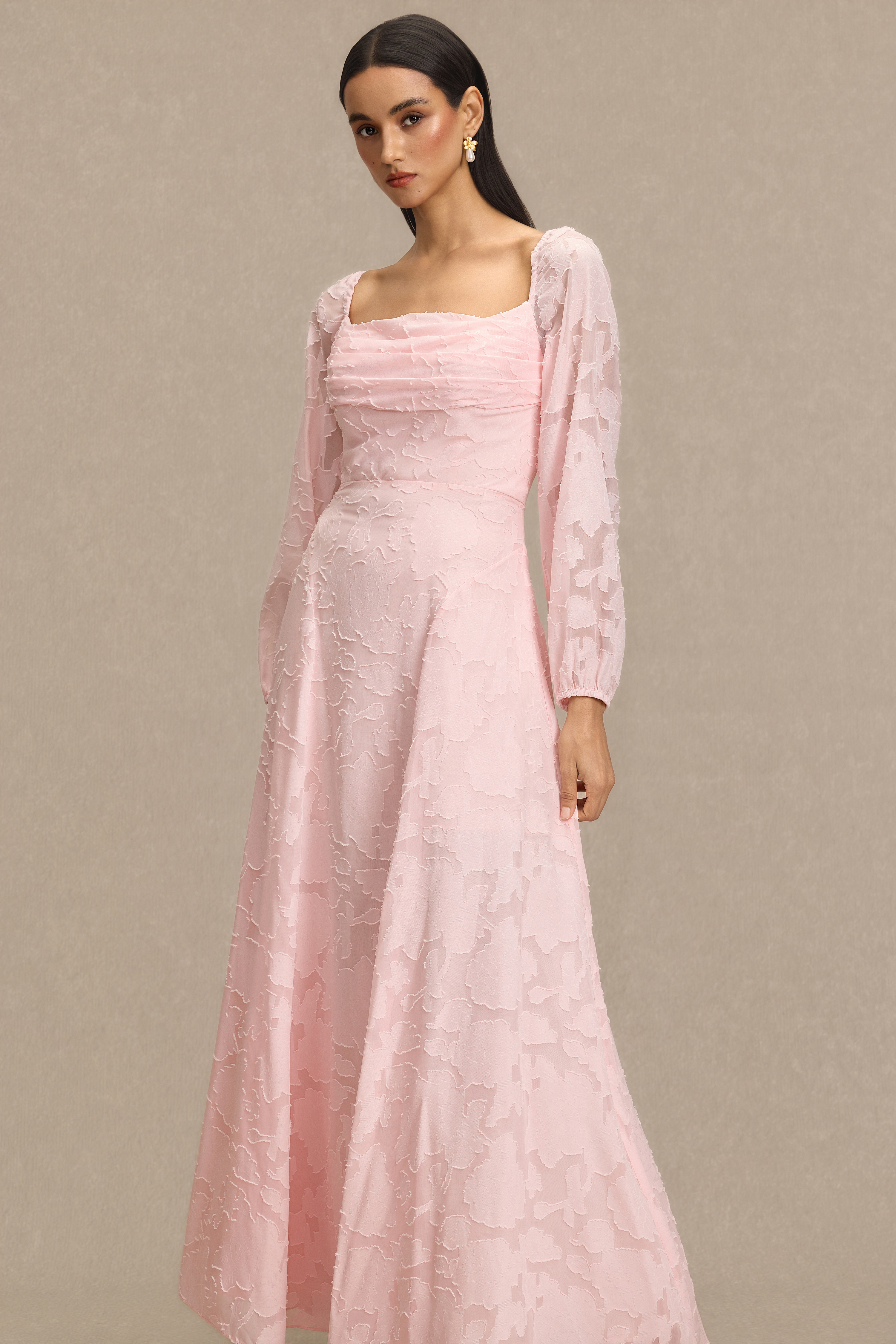 Burn-Out Ruched Lantern Sleeve Maxi Dress