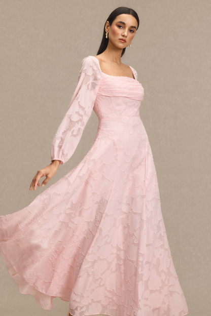 Burn-Out Ruched Lantern Sleeve Maxi Dress
