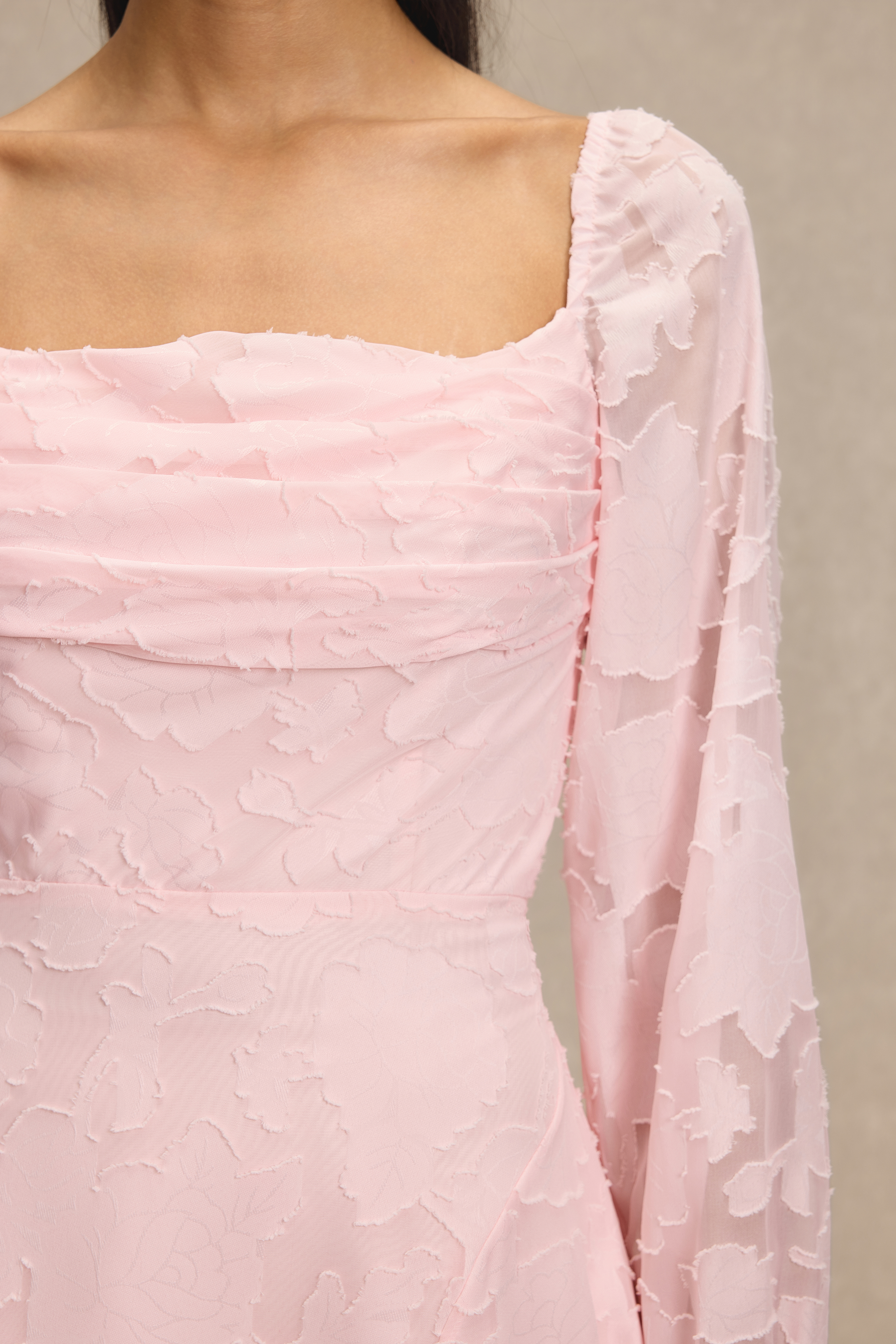 Burn-Out Ruched Lantern Sleeve Maxi Dress