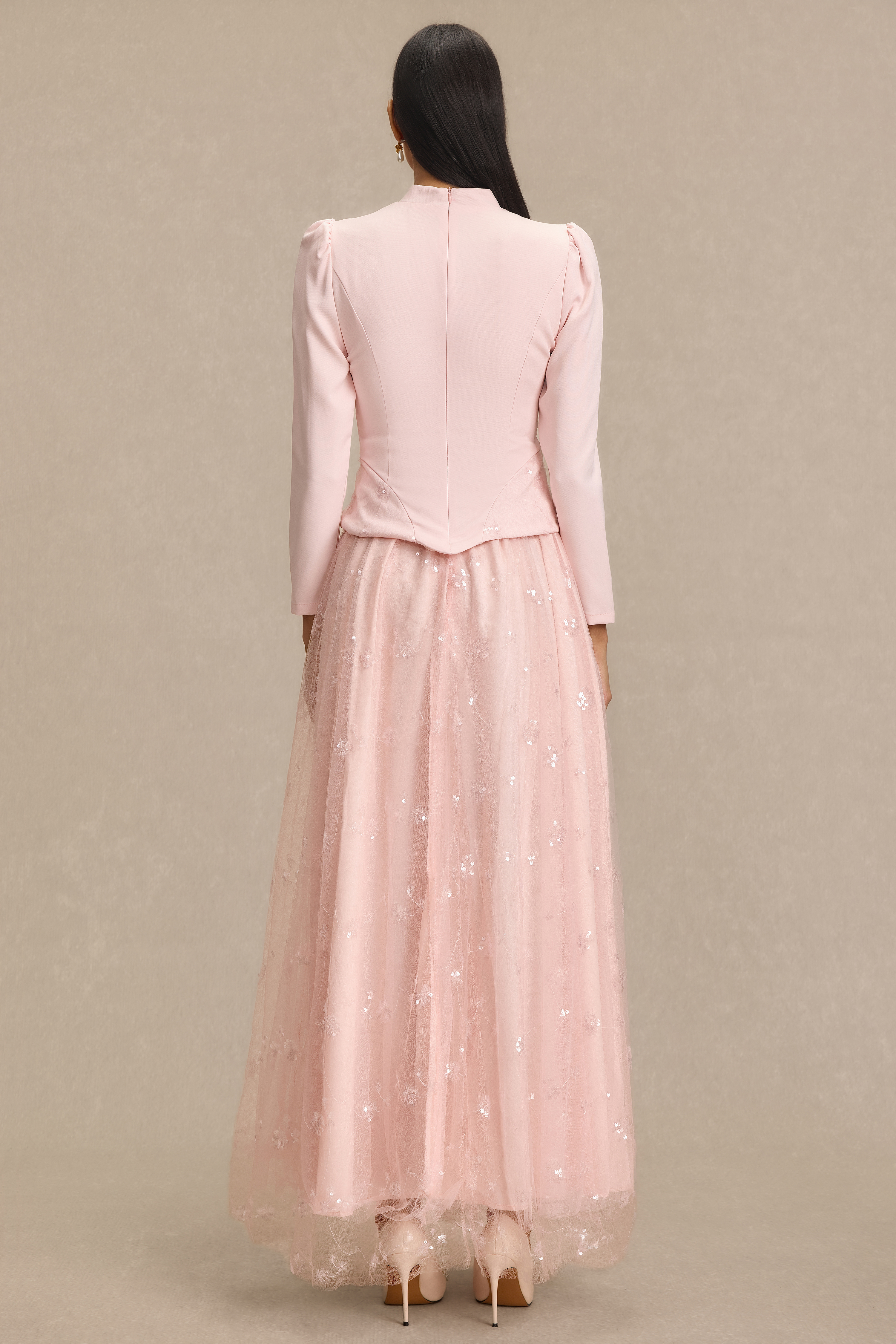 Stand Collar Sequin Embroidered Midi Dress
