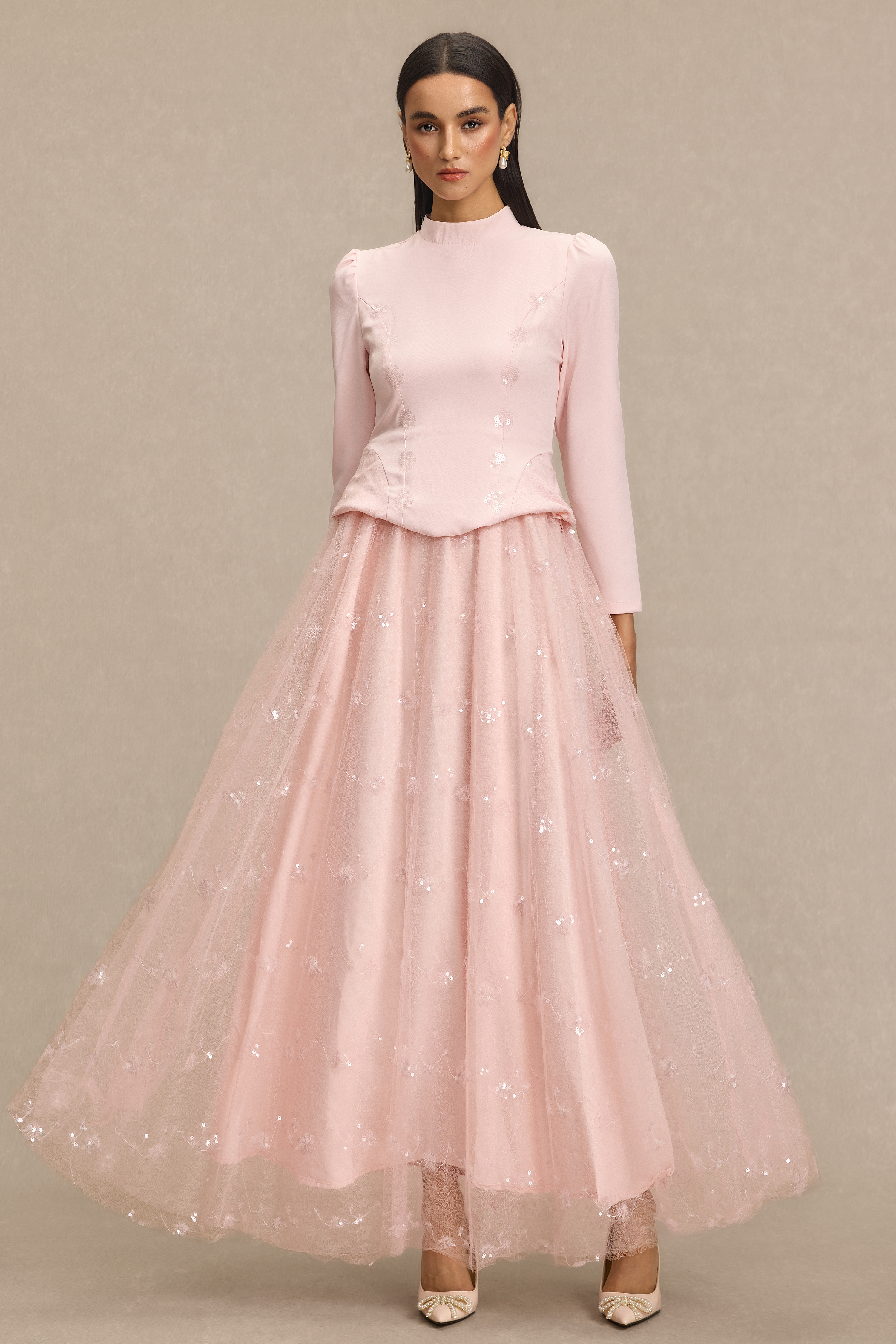 Stand Collar Sequin Embroidered Midi Dress
