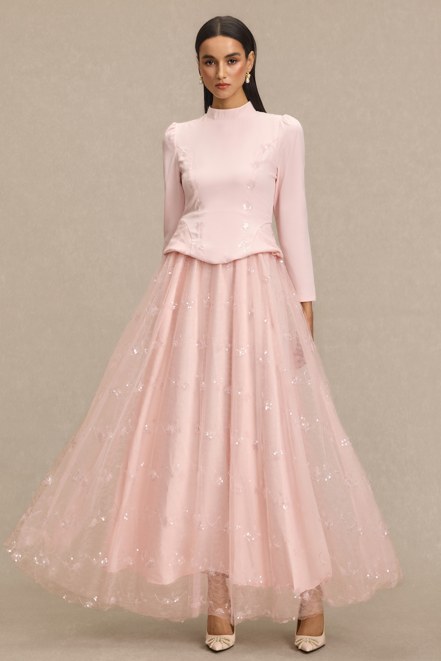 Stand Collar Sequin Embroidered Midi Dress