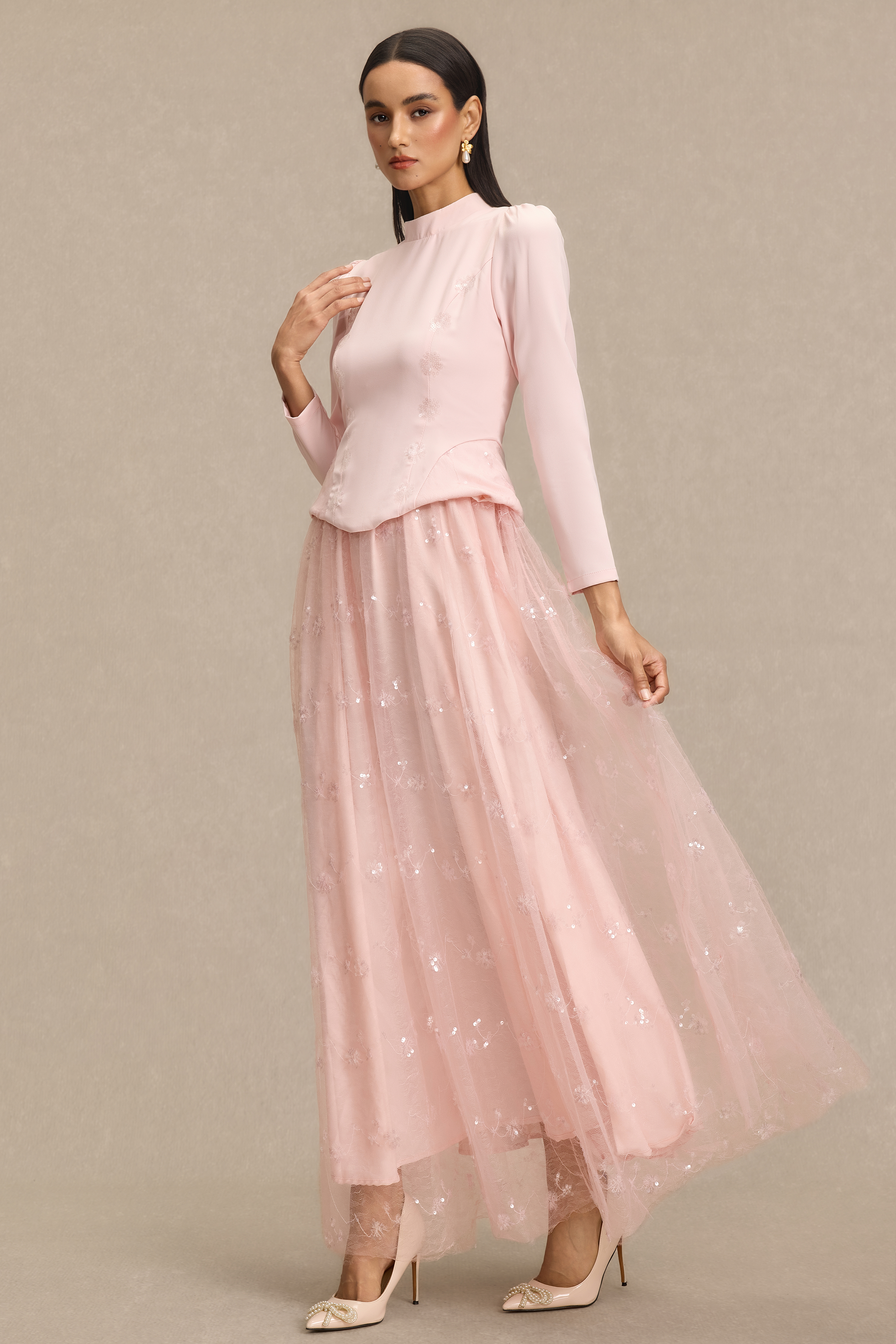 Stand Collar Sequin Embroidered Midi Dress