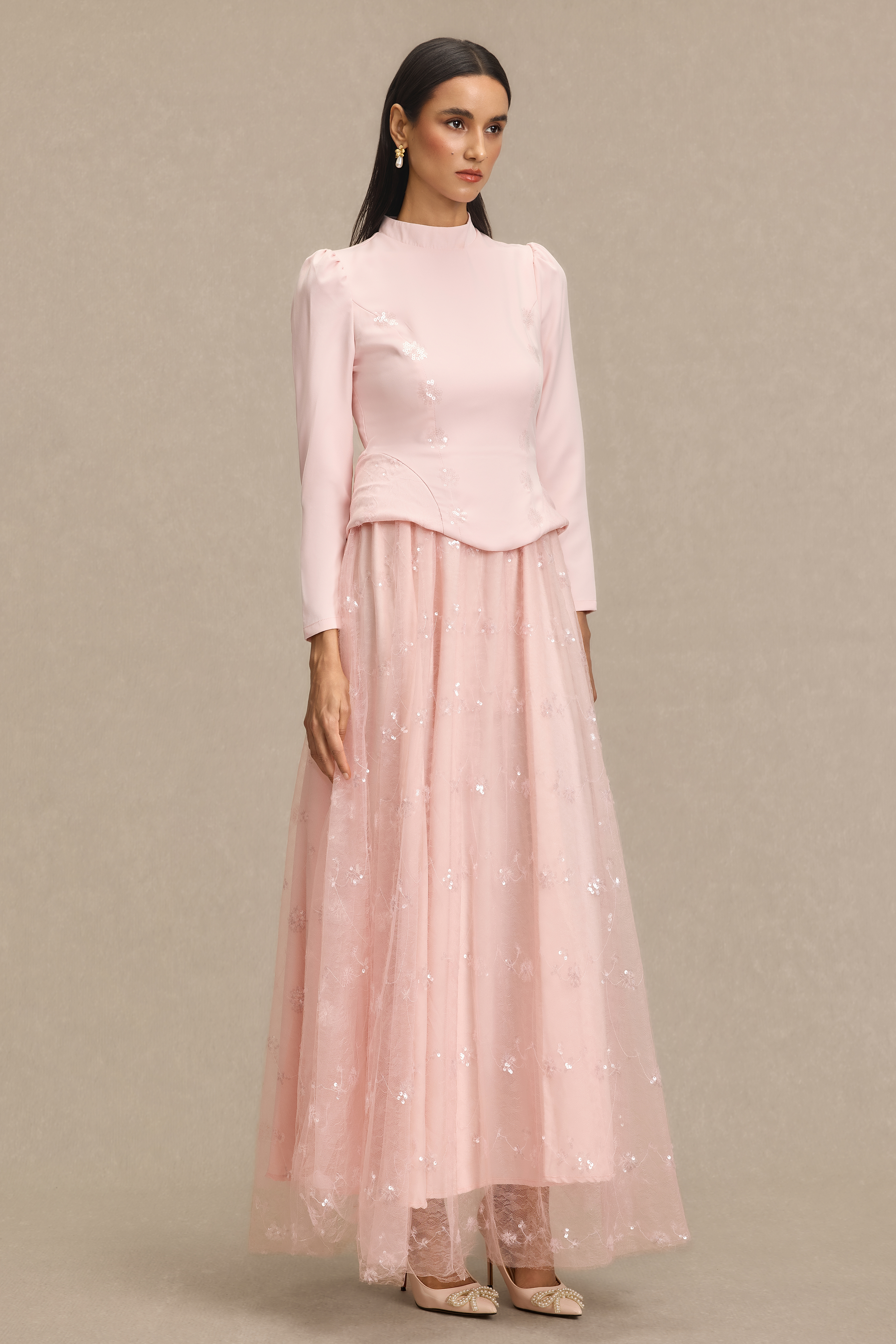 Stand Collar Sequin Embroidered Midi Dress